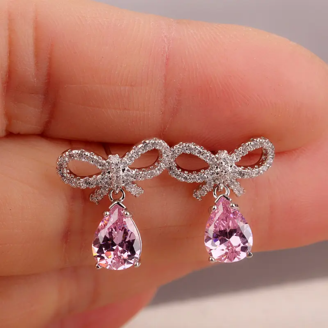 PINK CRYSTAL DROP EARRINGS OF CUBIC ZIRCONIA & 925 SILVER NEEDLE