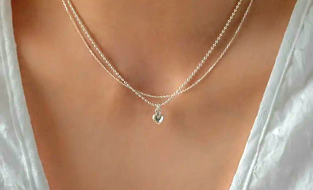 925 STERLING SILVER 2-LAYERED SILVER NECKLACE WITH A HEART PENDANT
