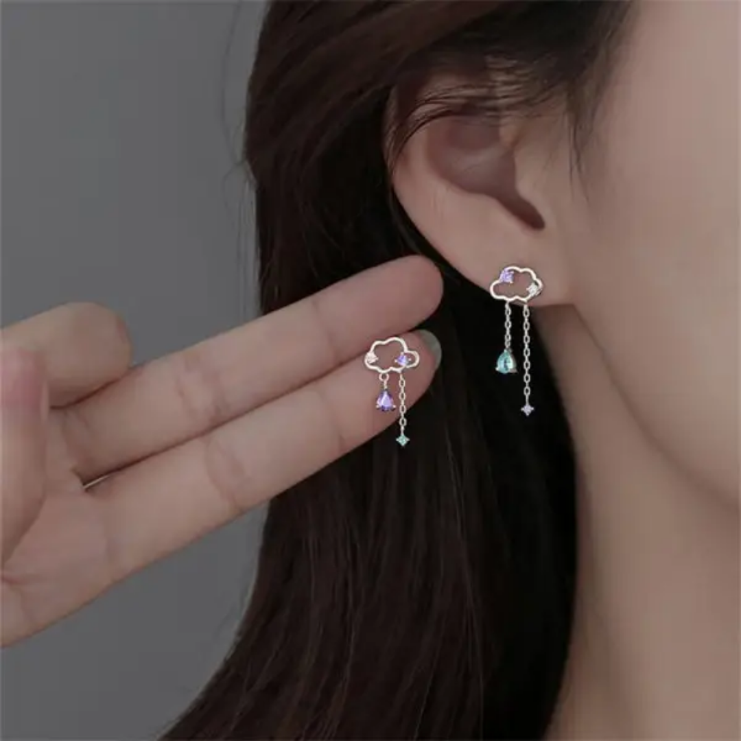 CUBIC ZIRCONIA RAIN & CLOUD DROP EARRINGS WITH 925 STERLING SILVER NEEDLE