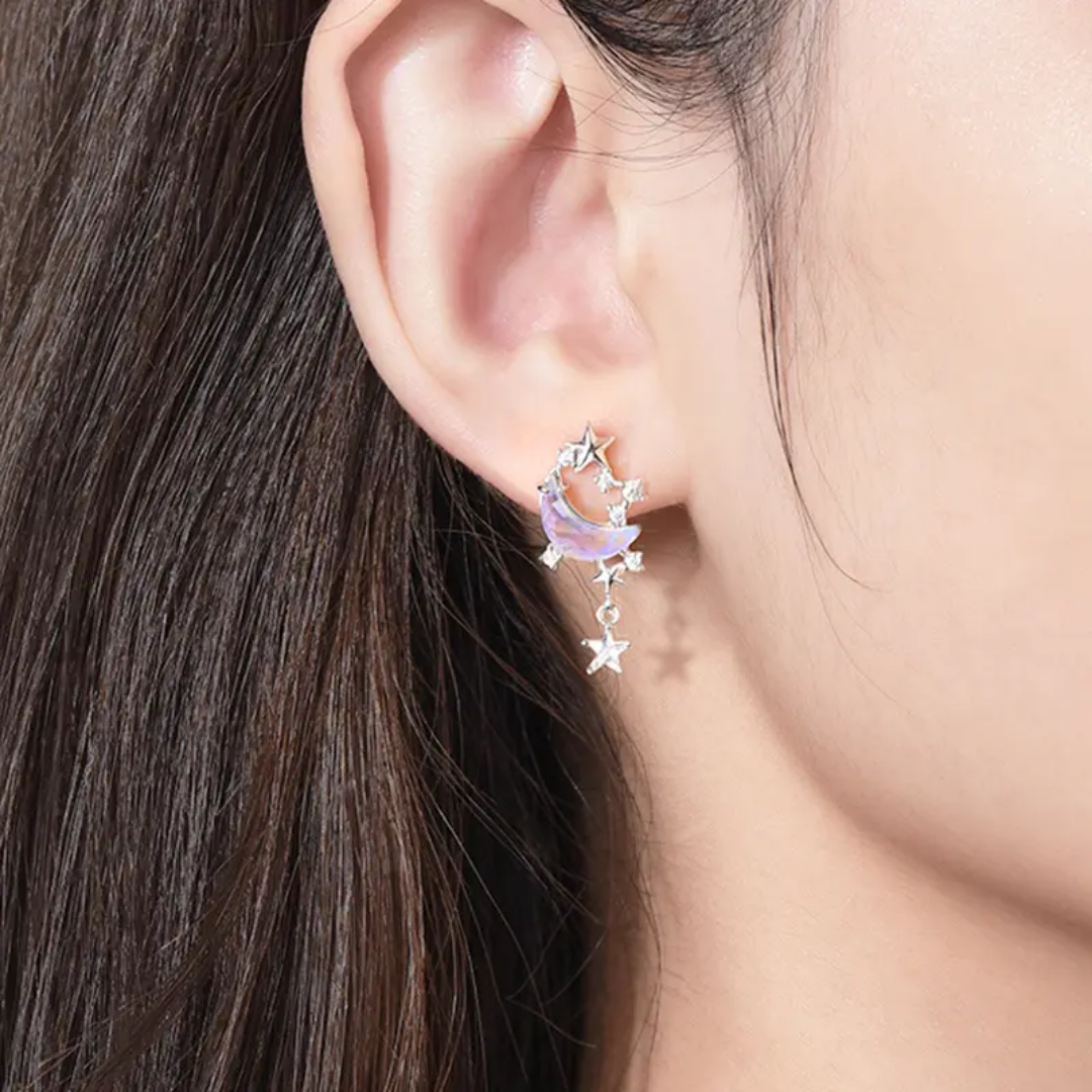 PLATINUM STARS EARRINGS WITH COLOUR-CHANGING CUBIC ZIRCONIA MOON