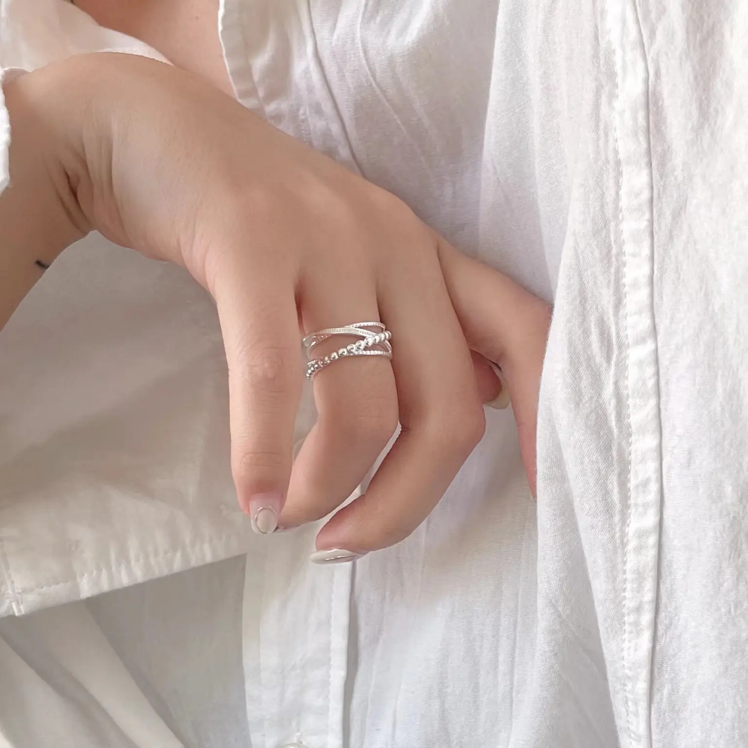 925 STERLING SILVER CROSSED BEADS RING