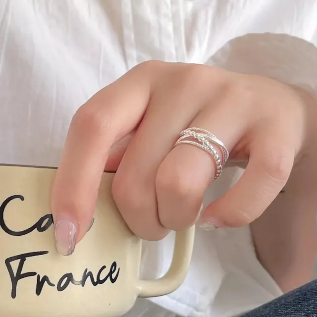 925 STERLING SILVER CROSSED BEADS RING