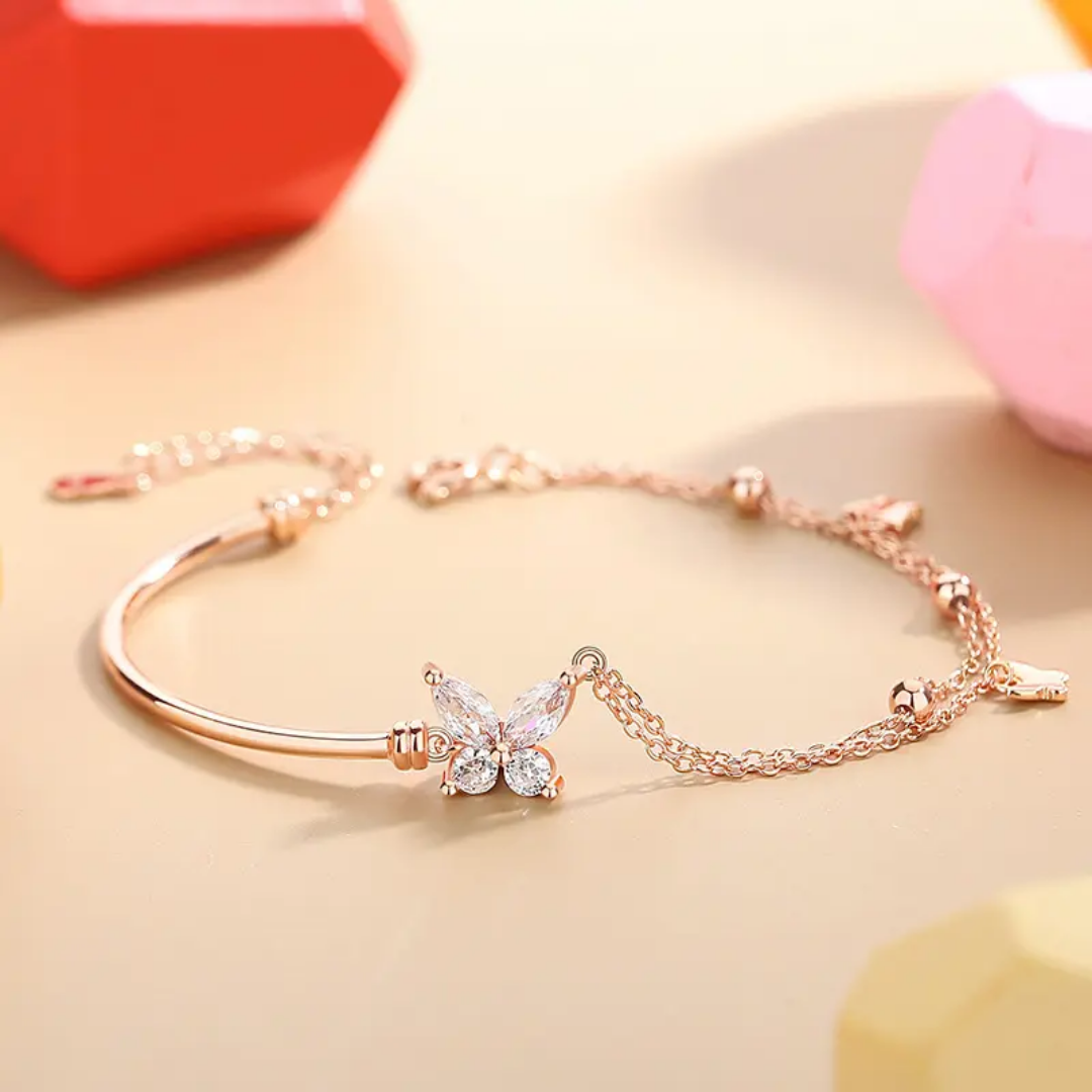 925 STERLING SILVER BRACELET WITH CUBIC ZIRCONIA BUTTERFLY CHARM (SILVER/ ROSE GOLD)