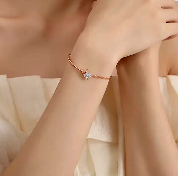 925 STERLING SILVER BRACELET WITH CUBIC ZIRCONIA BUTTERFLY CHARM (SILVER/ ROSE GOLD)