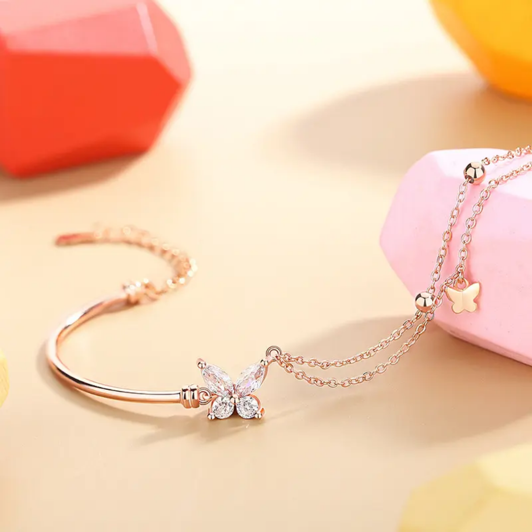 925 STERLING SILVER BRACELET WITH CUBIC ZIRCONIA BUTTERFLY CHARM (SILVER/ ROSE GOLD)