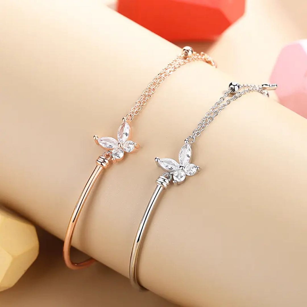 925 STERLING SILVER BRACELET WITH CUBIC ZIRCONIA BUTTERFLY CHARM (SILVER/ ROSE GOLD)