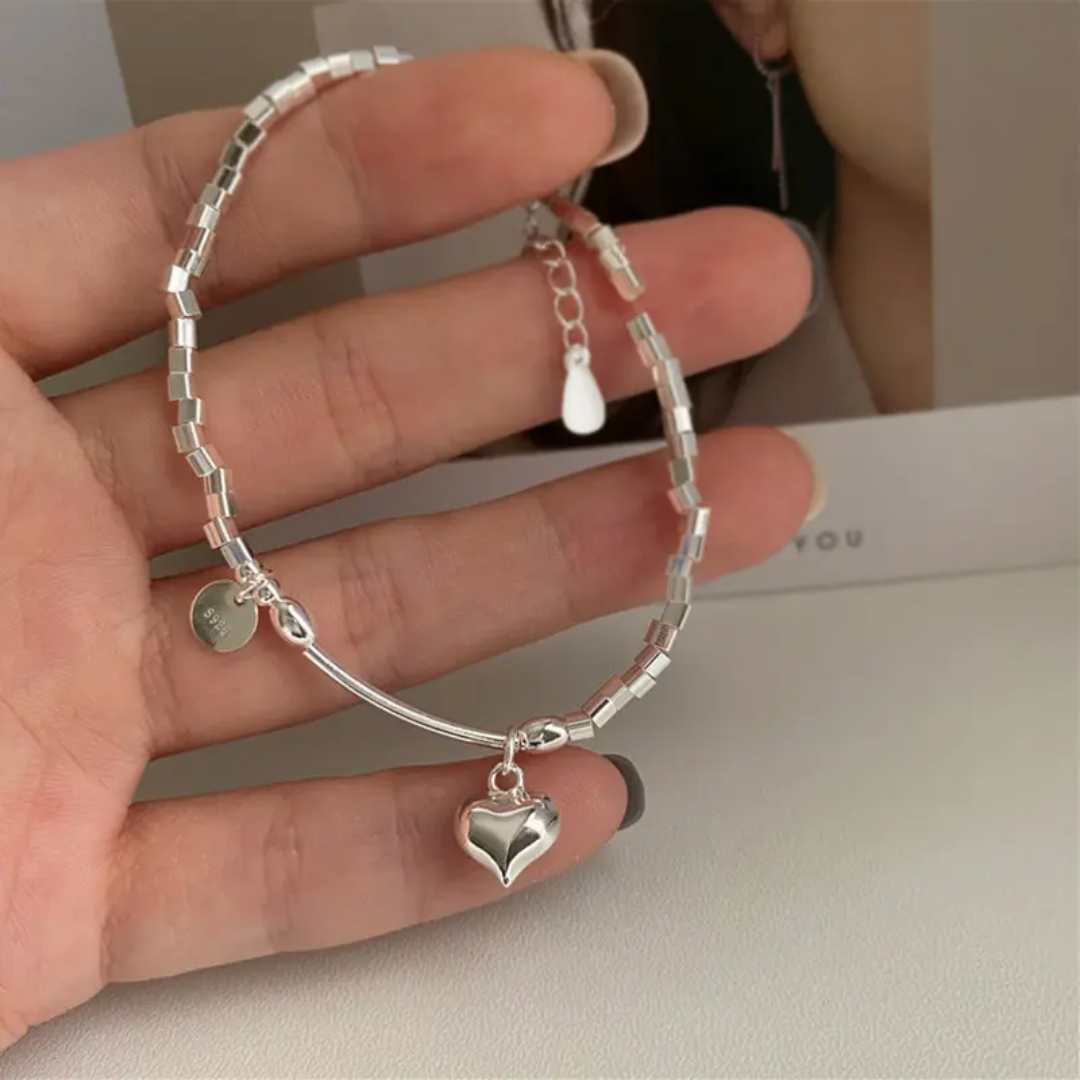 925 STERLING SILVER HEART CHARM SILVER BEADS BRACELET