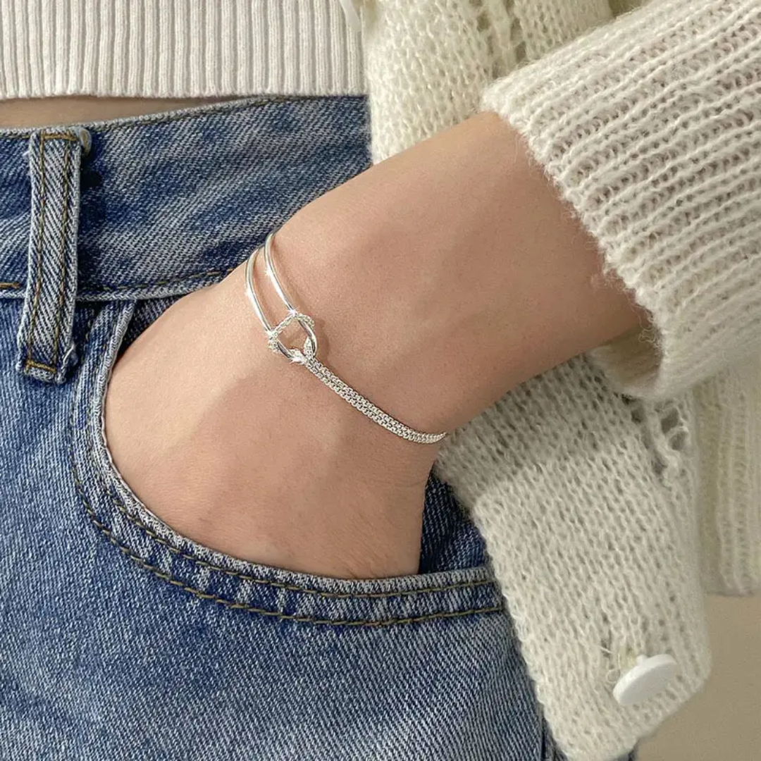 925 STERLING SILVER KNOT-BANGLE-CHAIN BRACELET