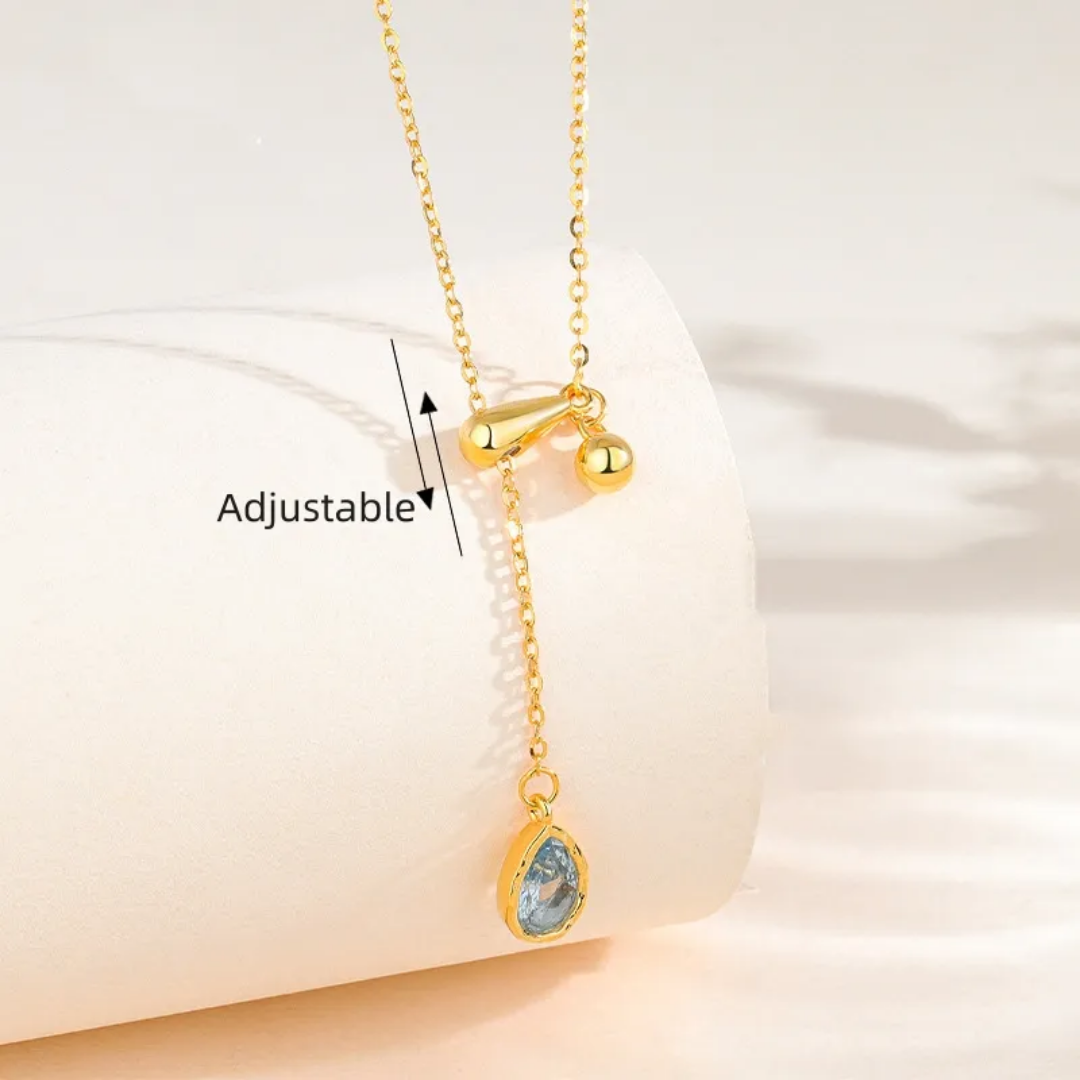 925 STERLING SILVER 18K GOLD-PLATED NECKLACE WITH BLUE DROPLET PENDANT OF CUBIC ZIRCONIA