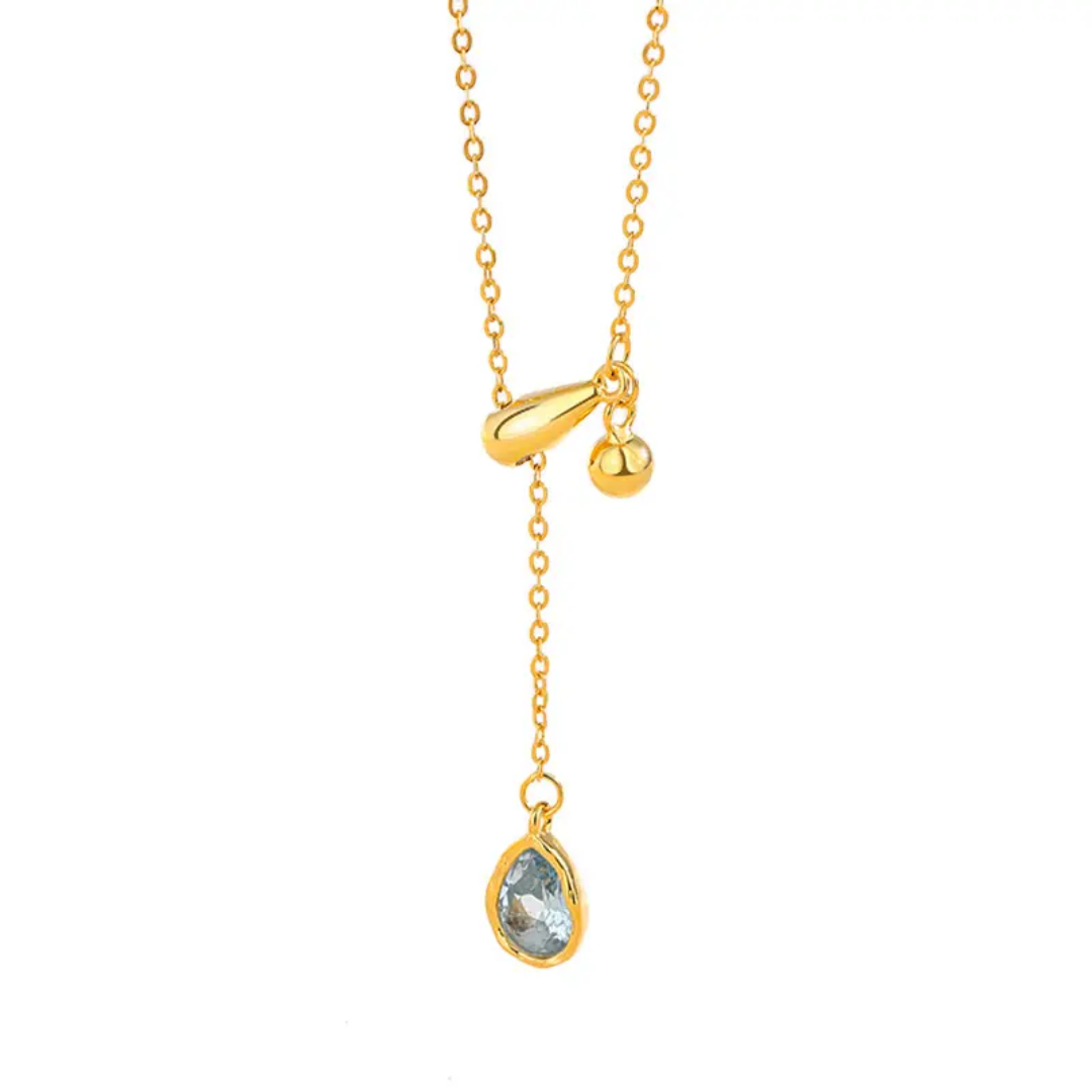 925 STERLING SILVER 18K GOLD-PLATED NECKLACE WITH BLUE DROPLET PENDANT OF CUBIC ZIRCONIA