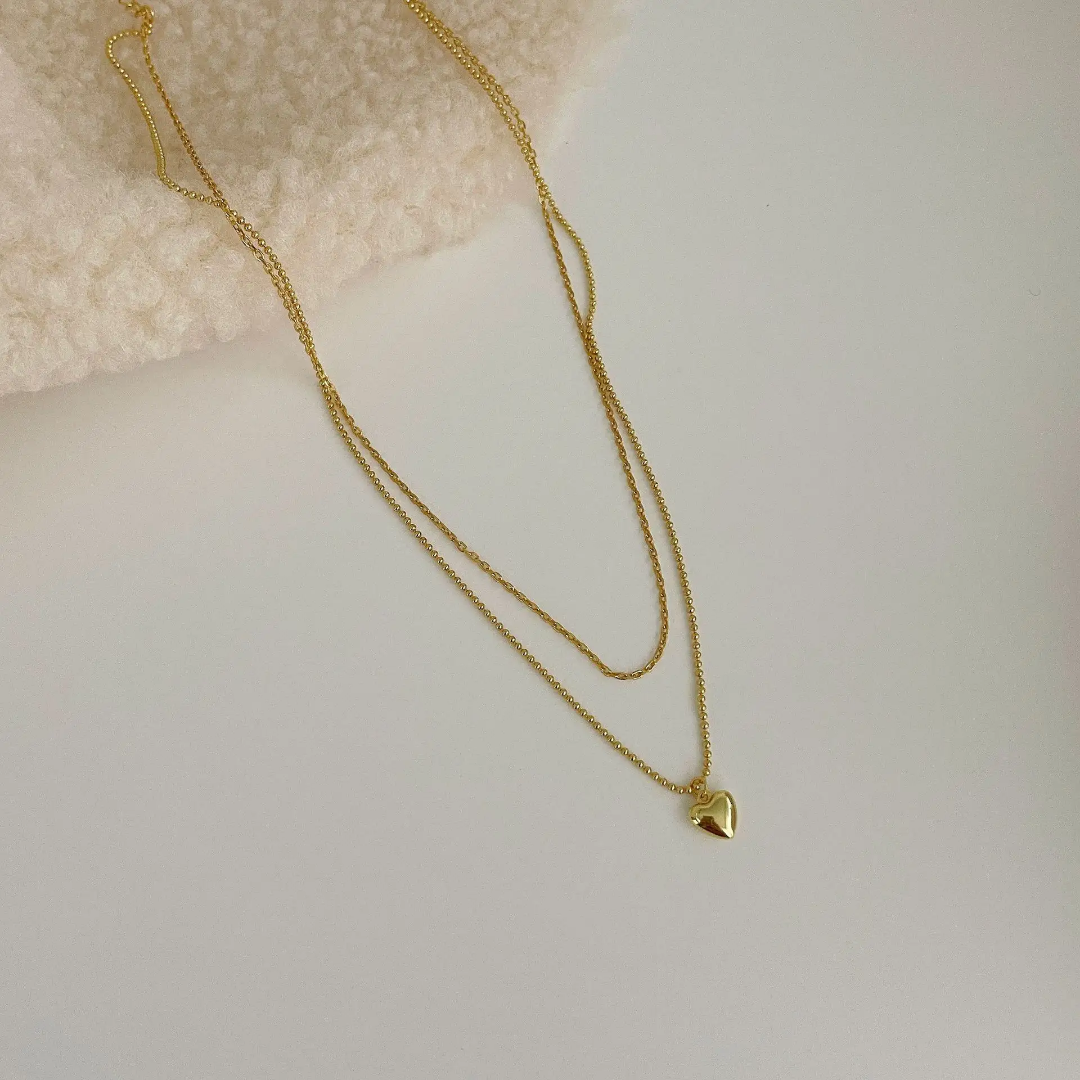 925 STERLING SILVER 2-LAYERED 18K GOLD-PLATED NECKLACE WITH A HEART PENDANT