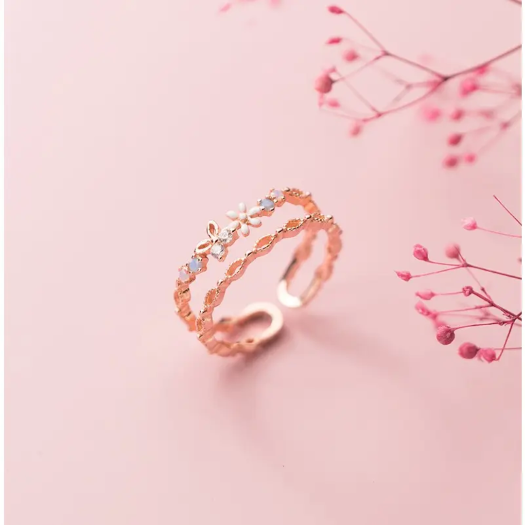 925 STERLING SILVER 2-LAYERED ROSE GOLD RING WITH CUBIC ZIRCONIA FLORALS