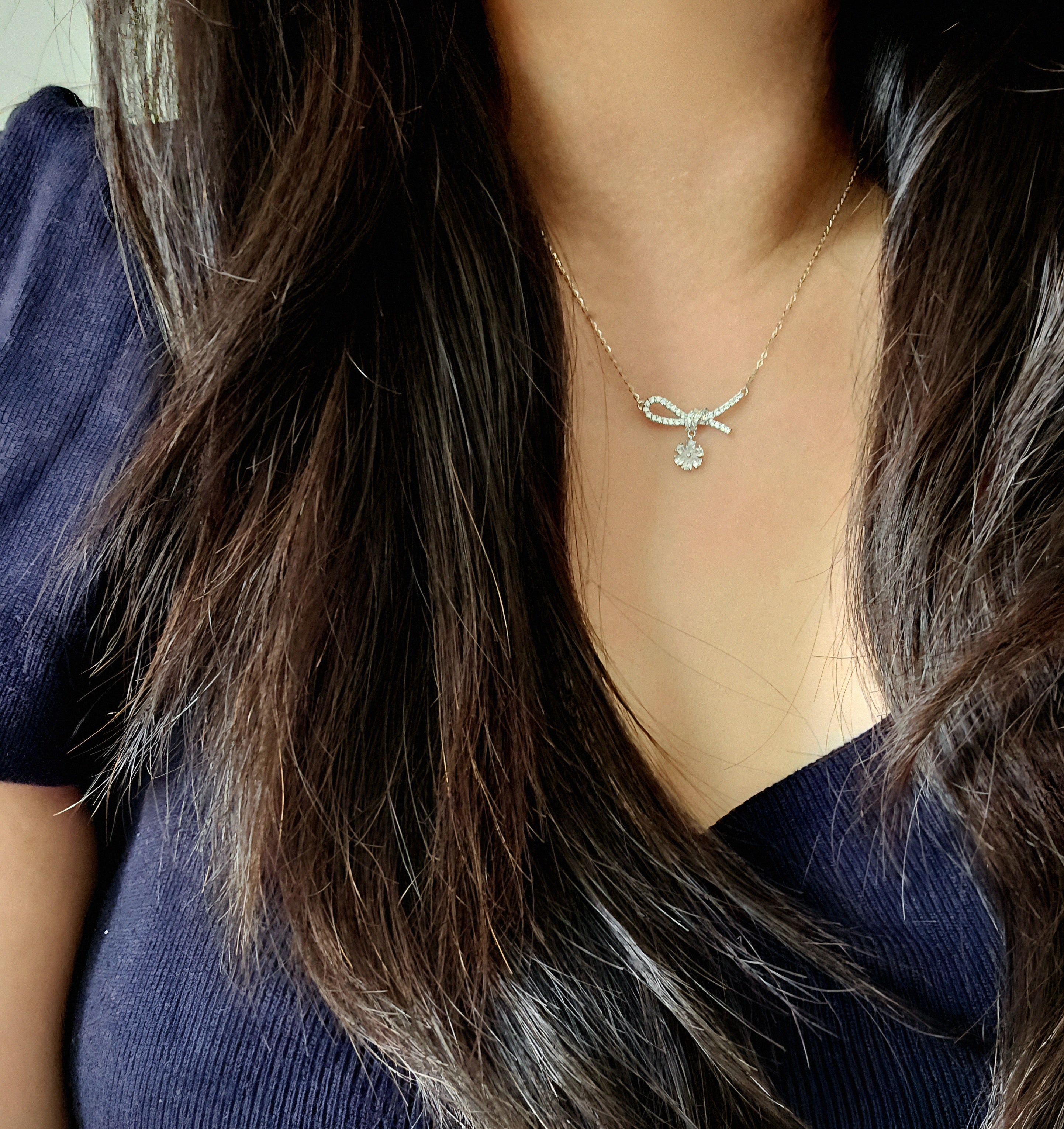 925 STERLING SILVER NECKLACE WITH A BOW PENDANT OF CUBIC ZIRCONIA