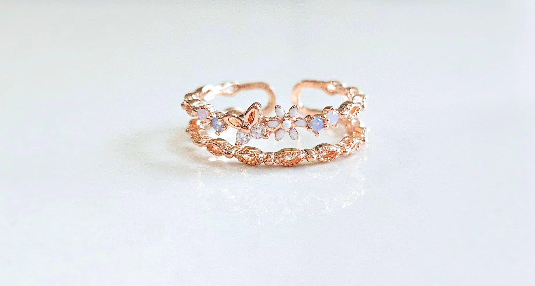 925 STERLING SILVER 2-LAYERED ROSE GOLD RING WITH CUBIC ZIRCONIA FLORALS