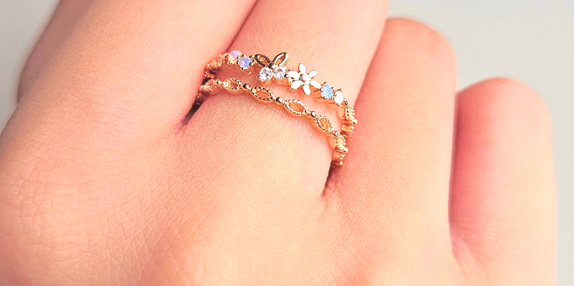 925 STERLING SILVER 2-LAYERED ROSE GOLD RING WITH CUBIC ZIRCONIA FLORALS