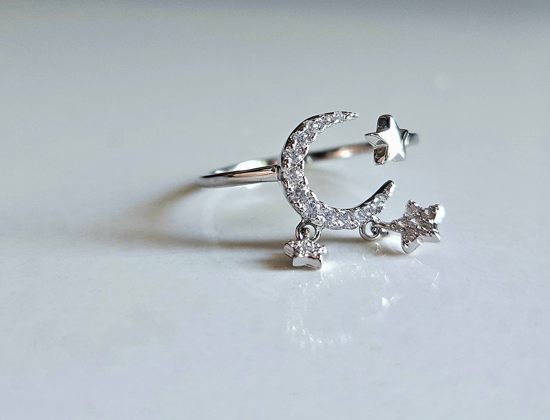 925 STERLING SILVER MOON & STARS SILVER RING