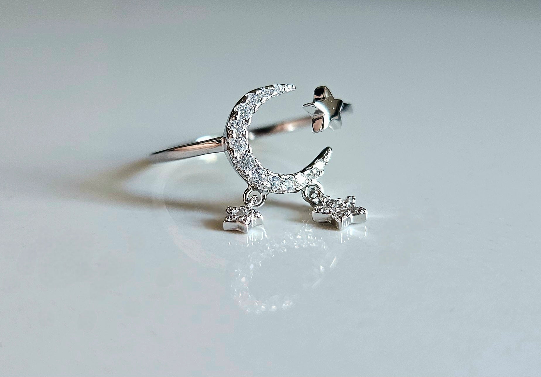 925 STERLING SILVER MOON & STARS SILVER RING
