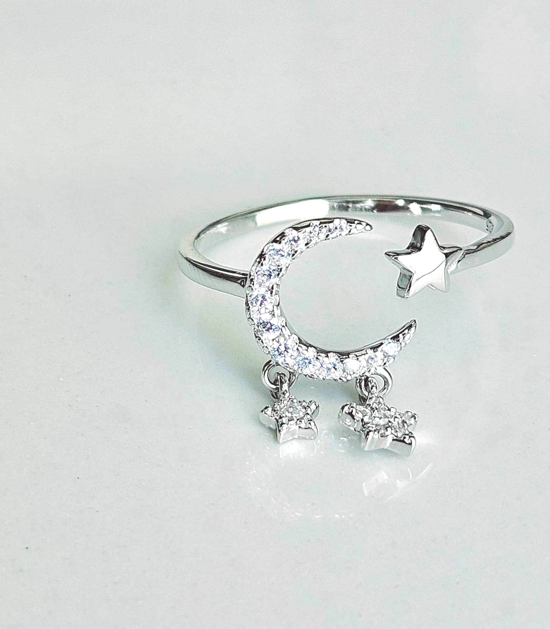 925 STERLING SILVER MOON & STARS SILVER RING