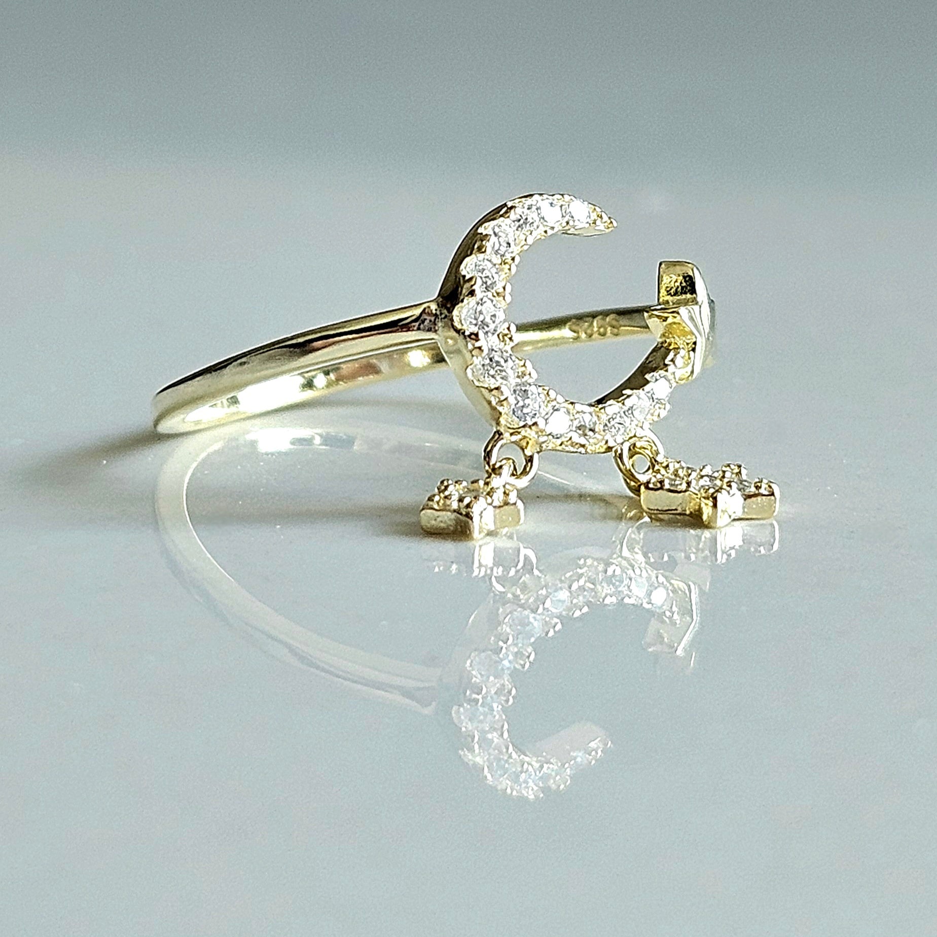 925 STERLING SILVER GOLD-PLATED MOON & STARS RING