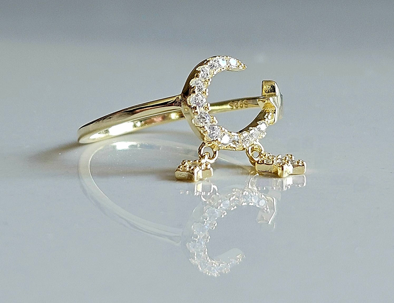 925 STERLING SILVER GOLD-PLATED MOON & STARS RING