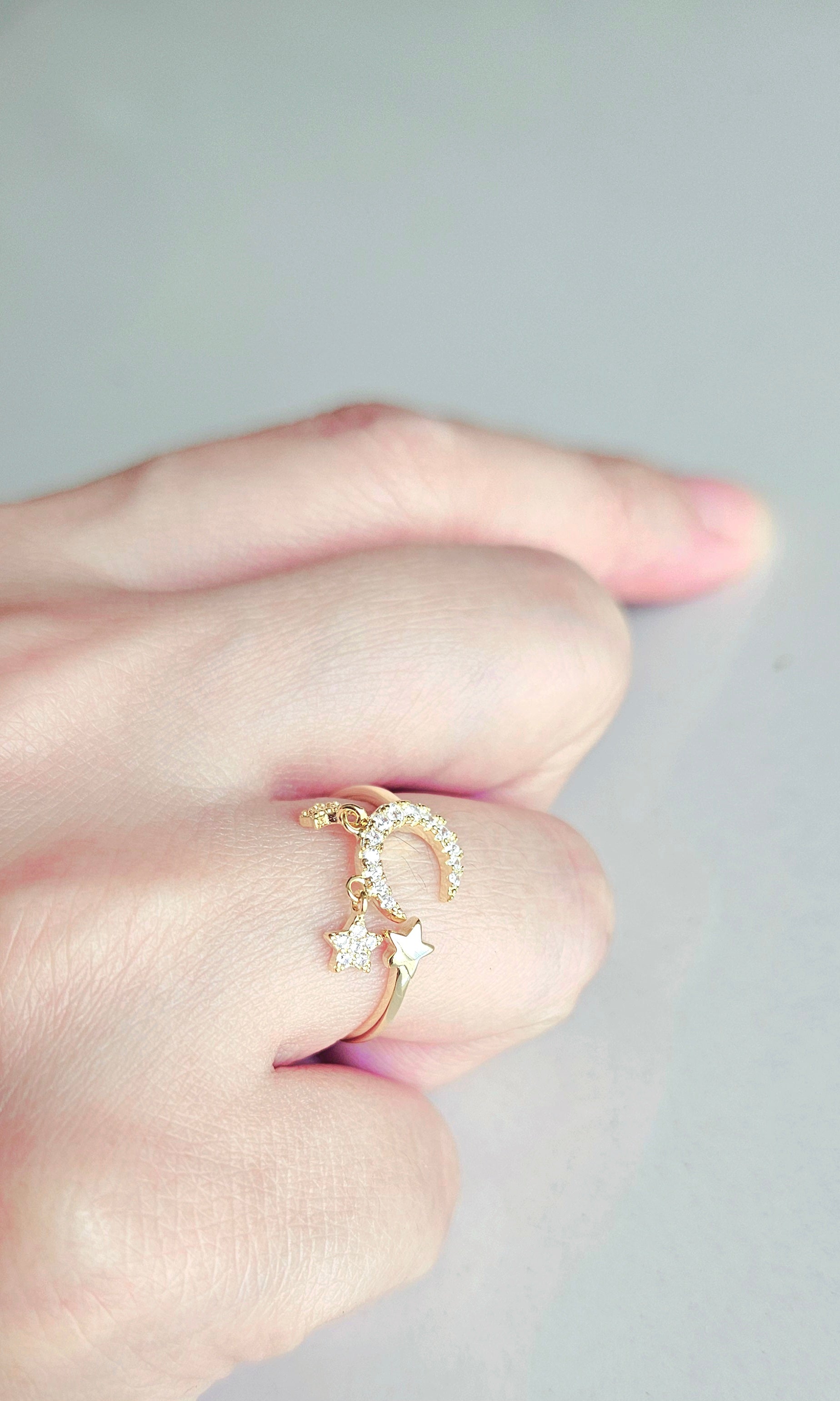 925 STERLING SILVER GOLD-PLATED MOON & STARS RING