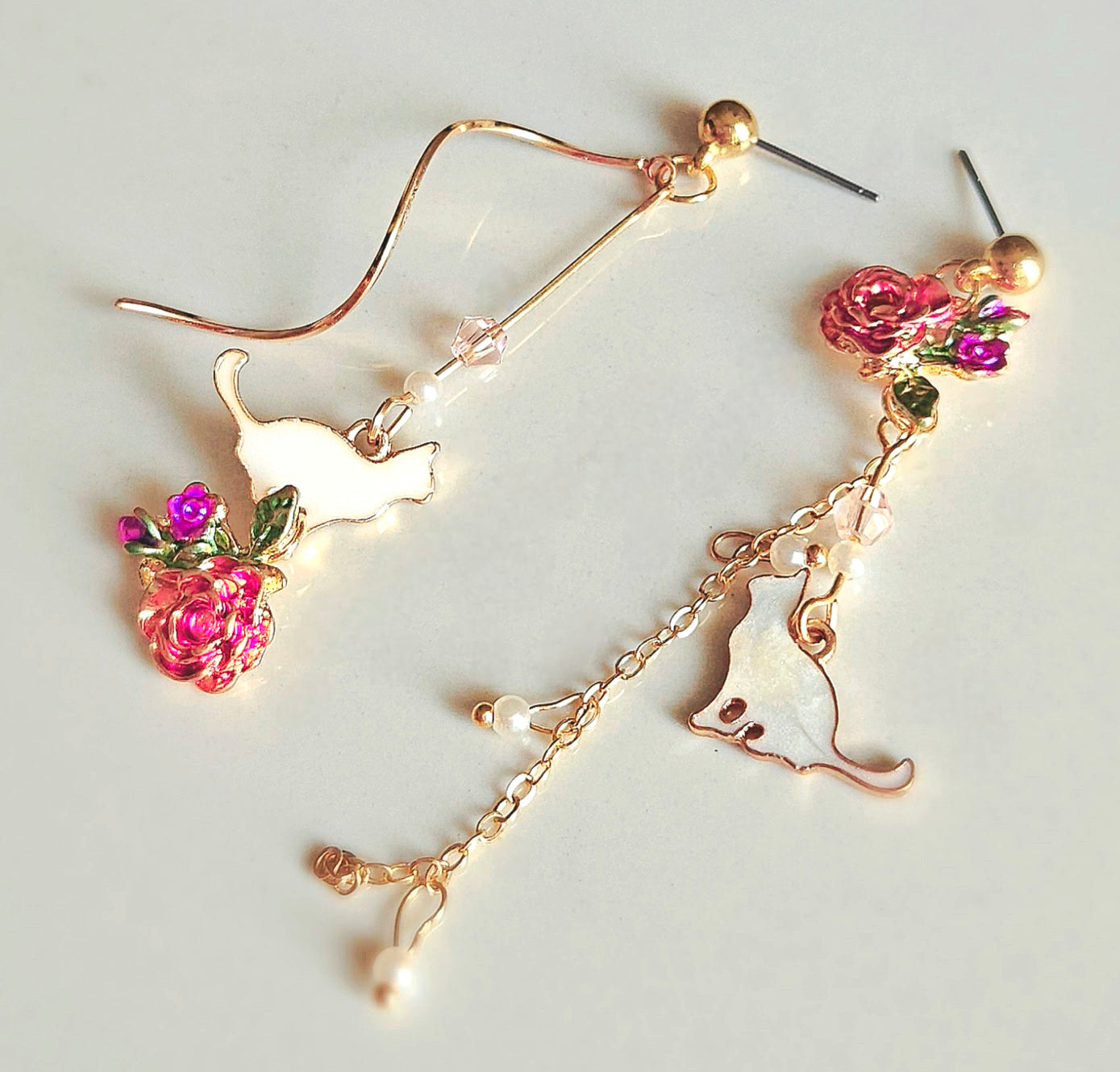 HAND-MADE CAT & FLOWERS TASSEL EARRINGS