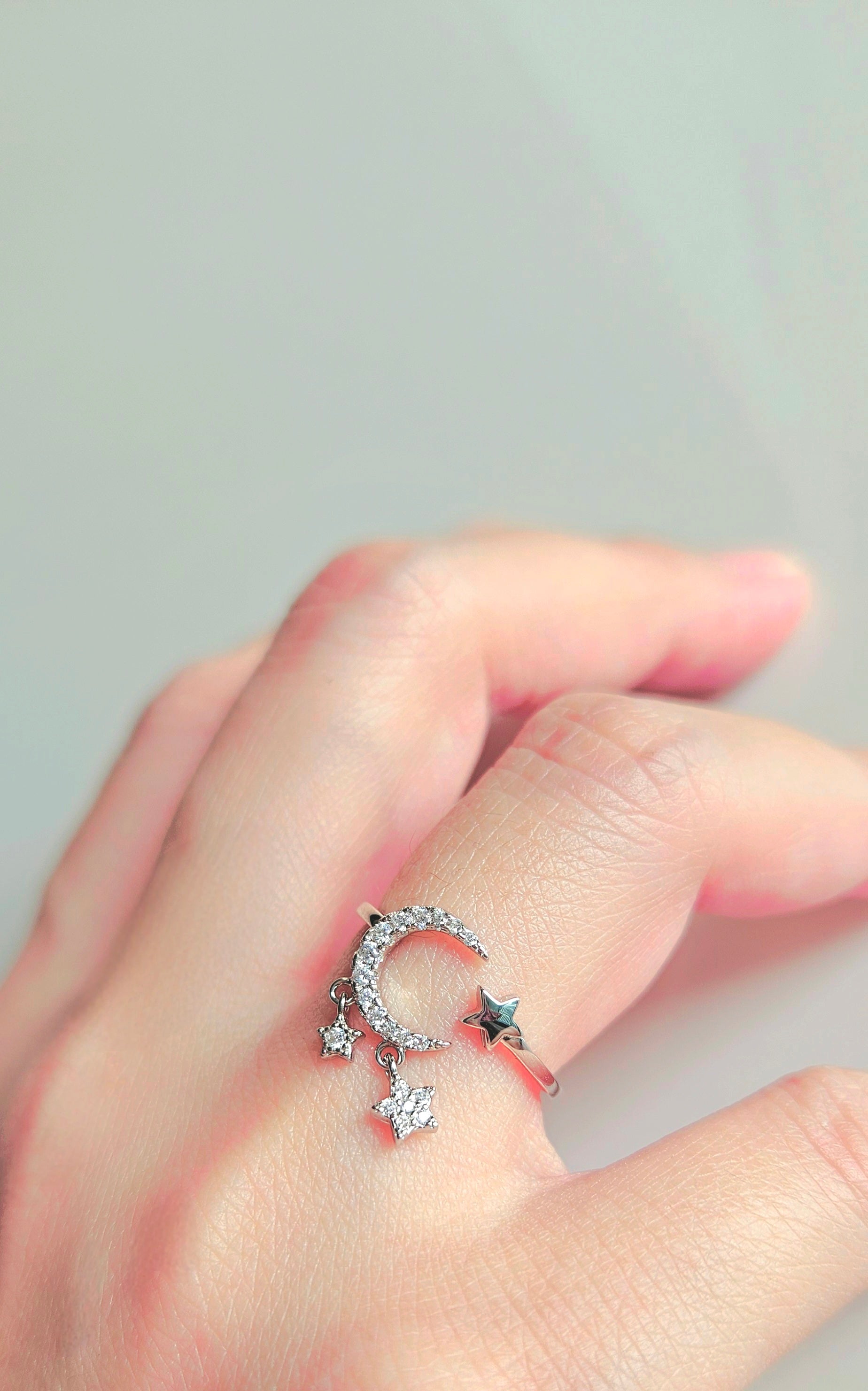 925 STERLING SILVER MOON & STARS SILVER RING
