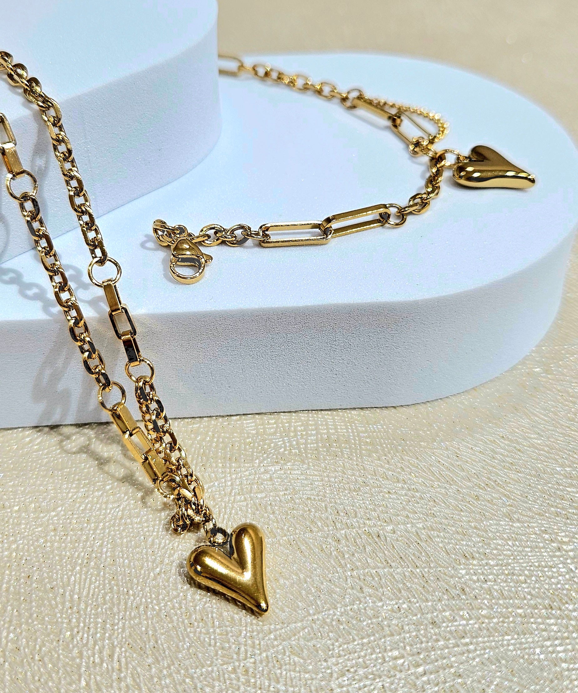 STAINLESS STEEL GOLD HEART NECKLACE & BRACELET SET