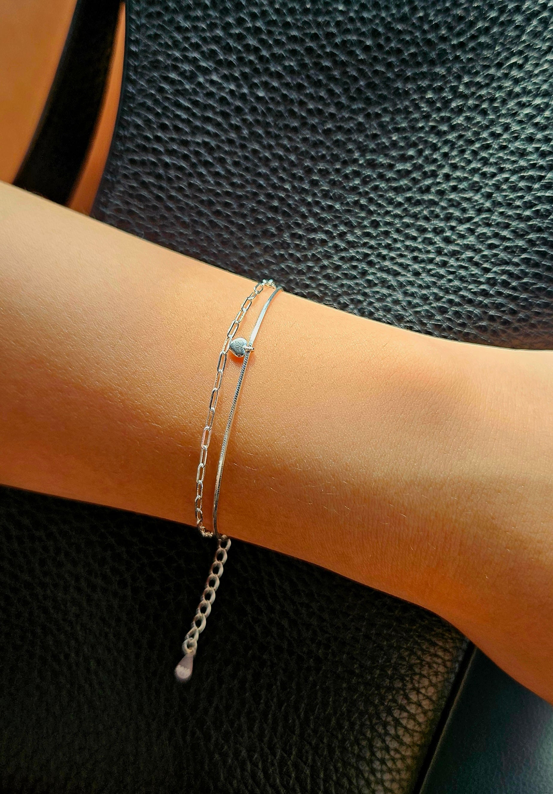 925 STERLING SILVER 2-LAYERED BRACELET WITH HEART CHARM