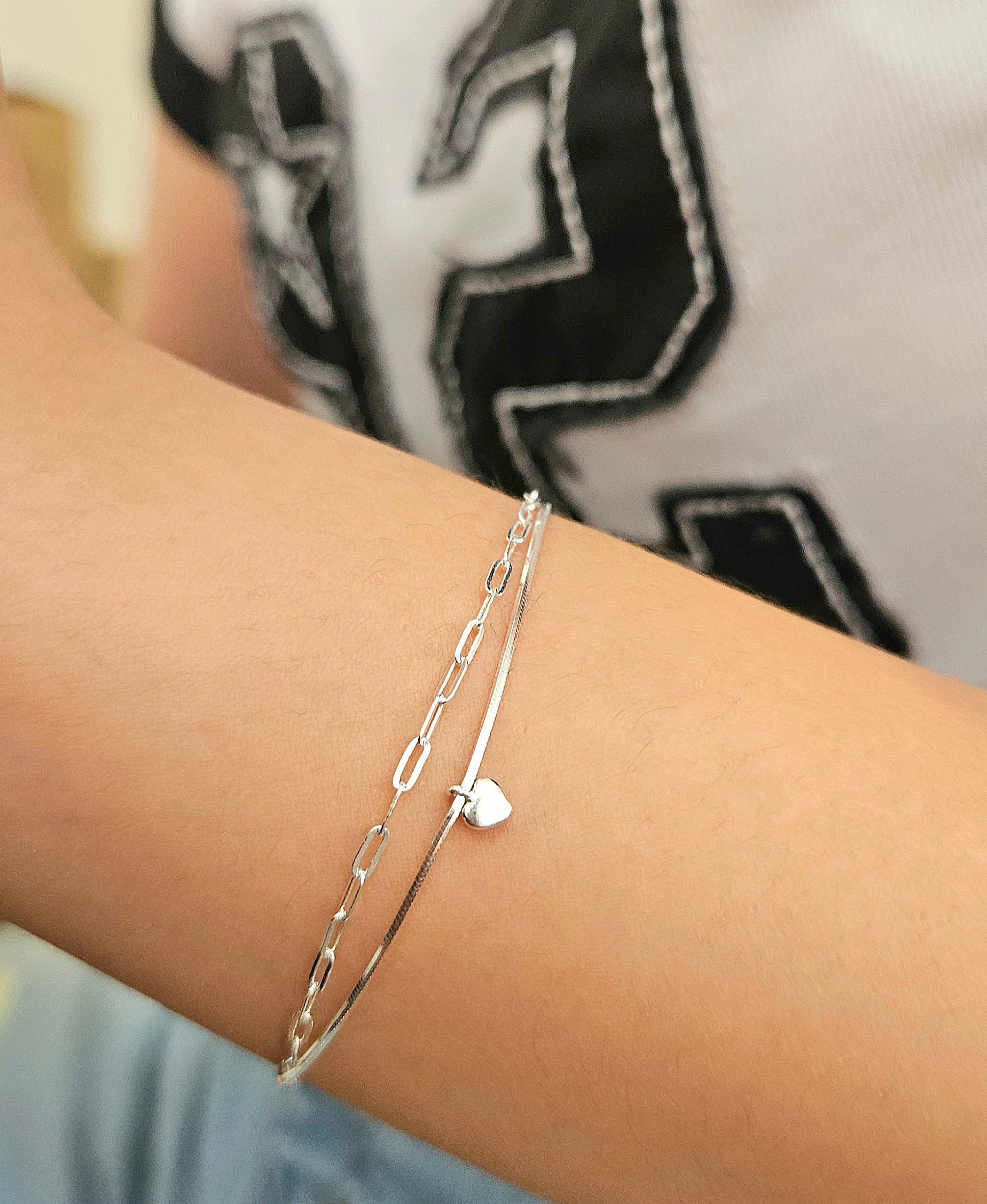 925 STERLING SILVER 2-LAYERED BRACELET WITH HEART CHARM