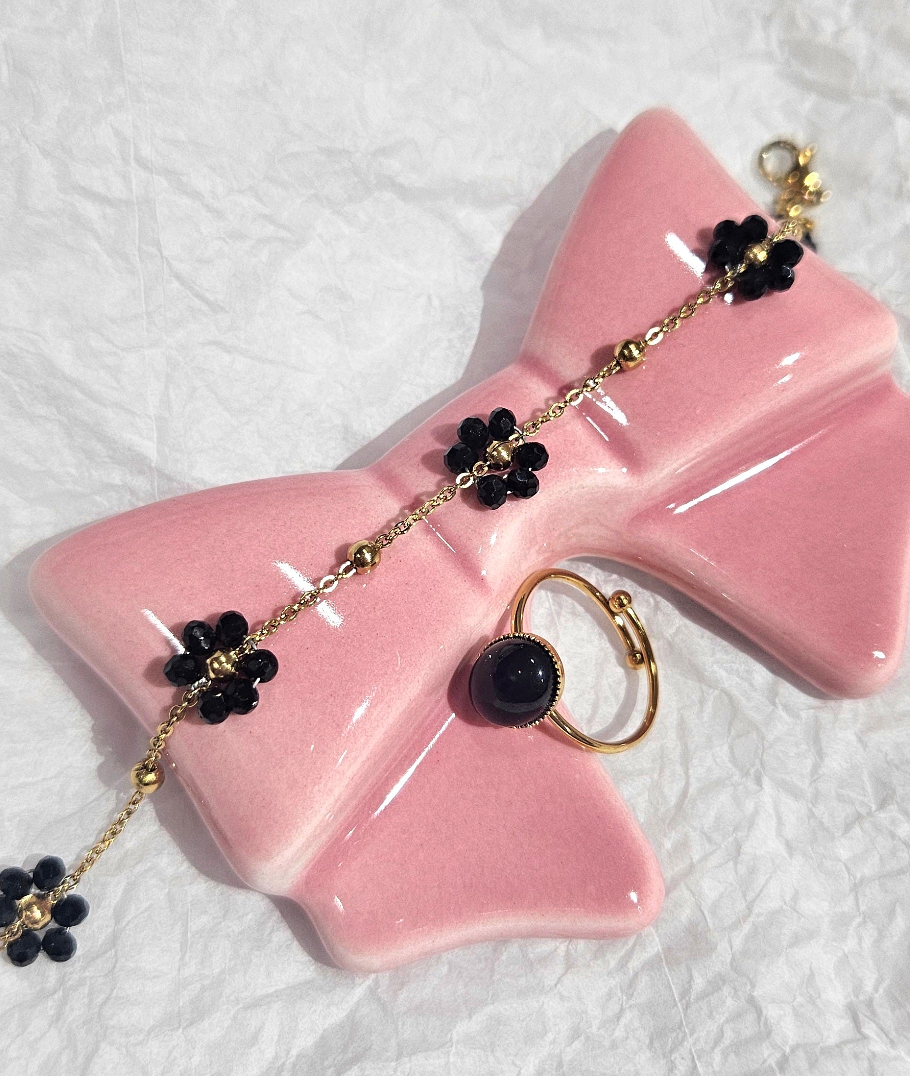 TITANIUM STEEL BRACELET & STAINLESS STEEL BAROQUE STYLE RING SET