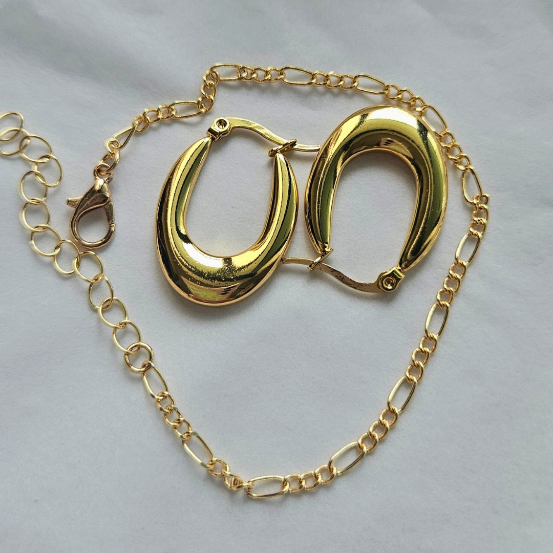 STAINLESS STEEL GOLD HOOP EARRINGS AND BRACELET SET