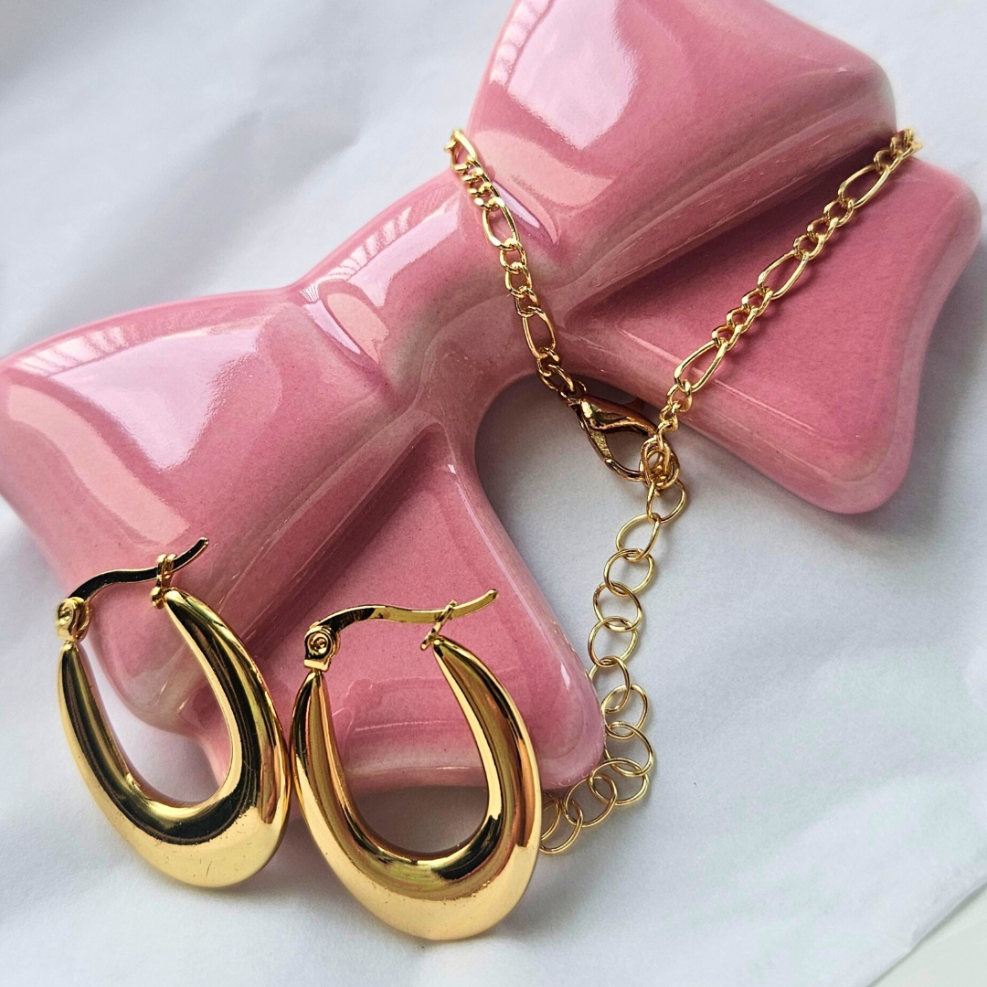 STAINLESS STEEL GOLD HOOP EARRINGS AND BRACELET SET