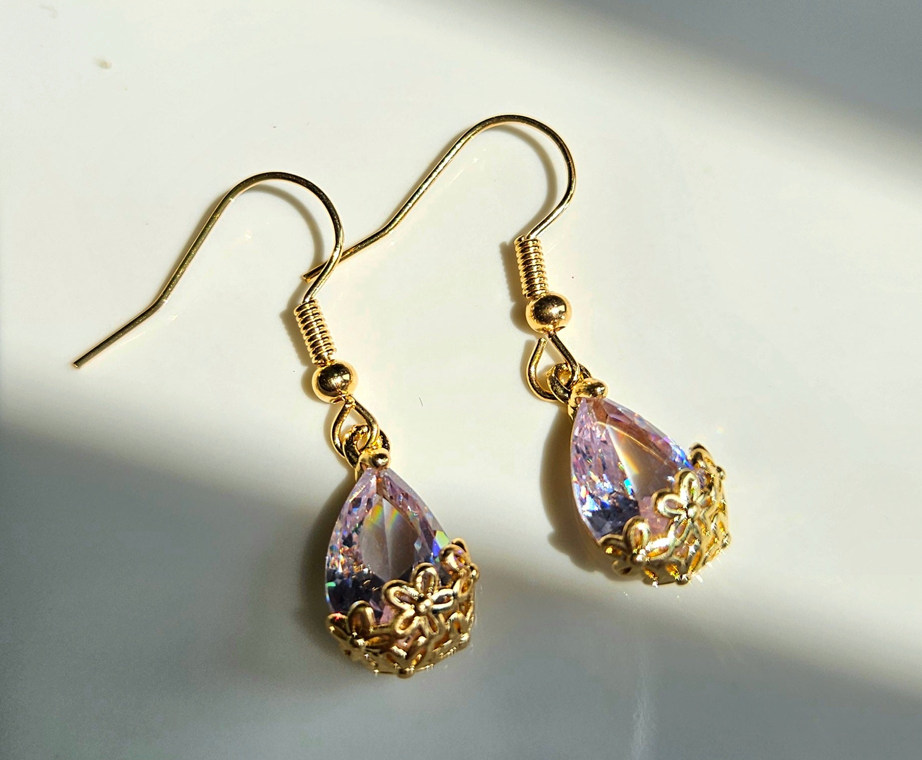 PINK CRYSTAL TEARDROP EARRINGS WITH CUBIC ZIRCONIA