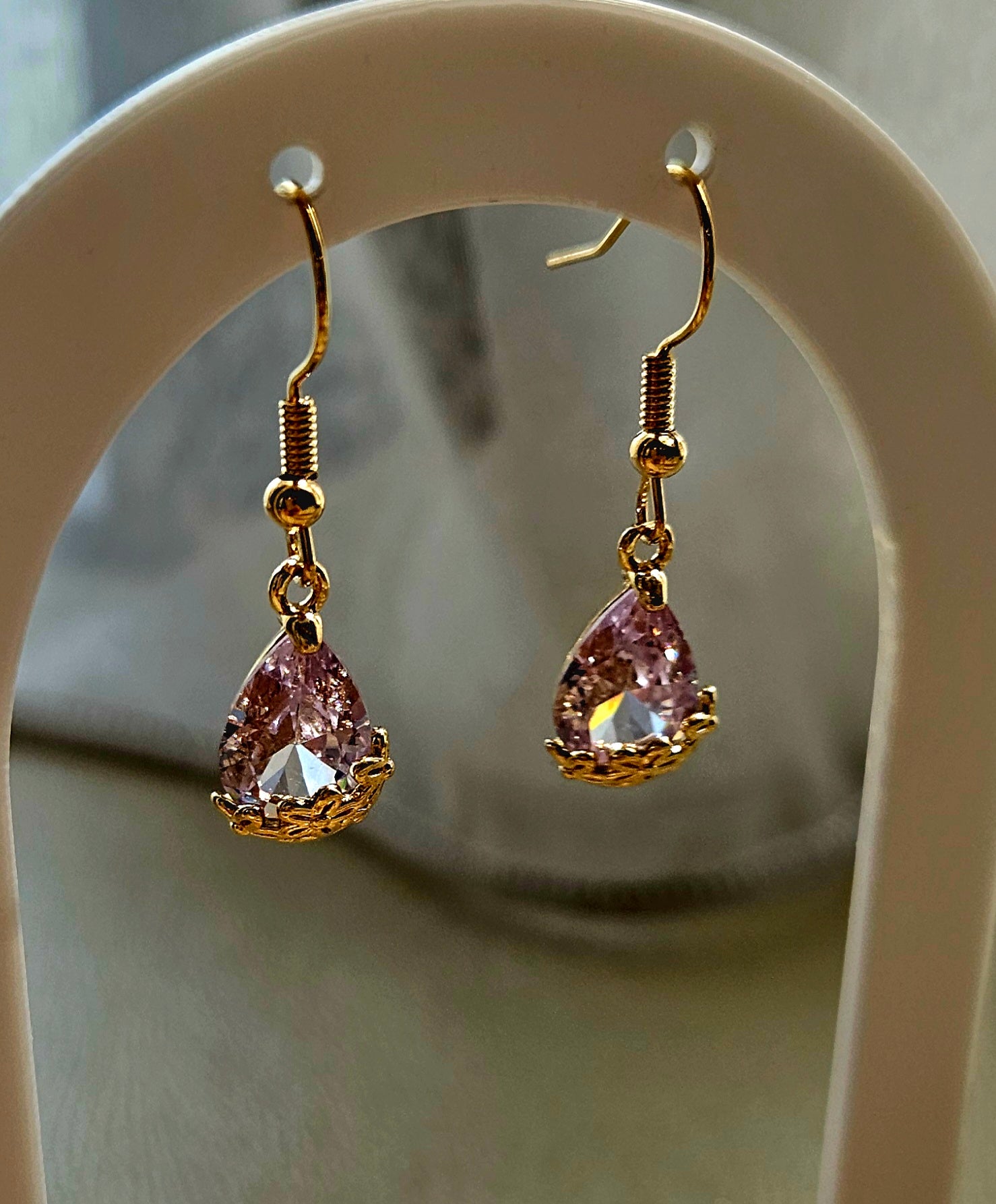 PINK CRYSTAL TEARDROP EARRINGS WITH CUBIC ZIRCONIA