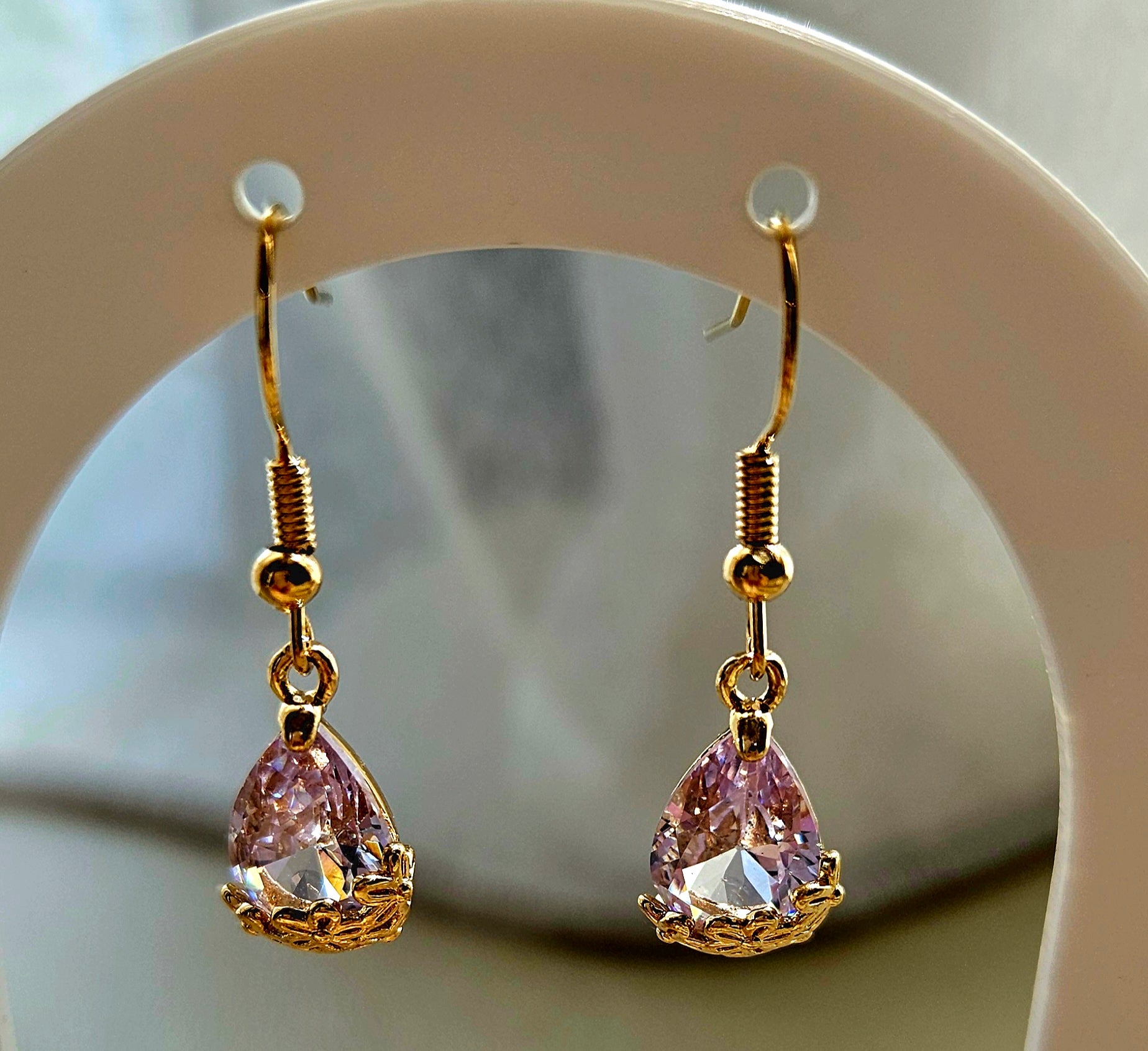 PINK CRYSTAL TEARDROP EARRINGS WITH CUBIC ZIRCONIA