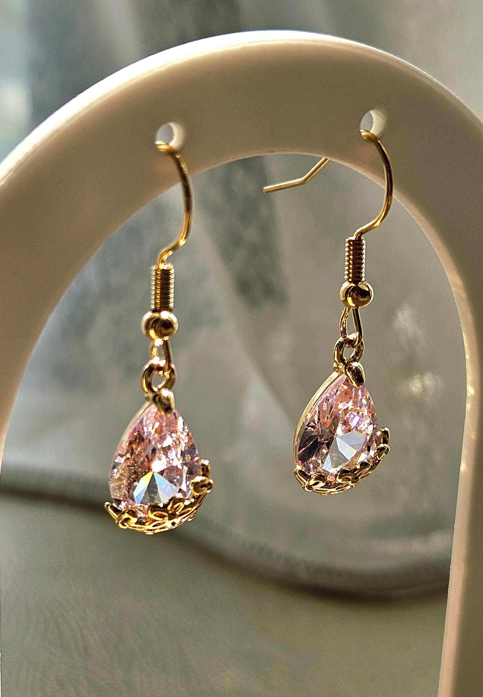 PINK CRYSTAL TEARDROP EARRINGS WITH CUBIC ZIRCONIA