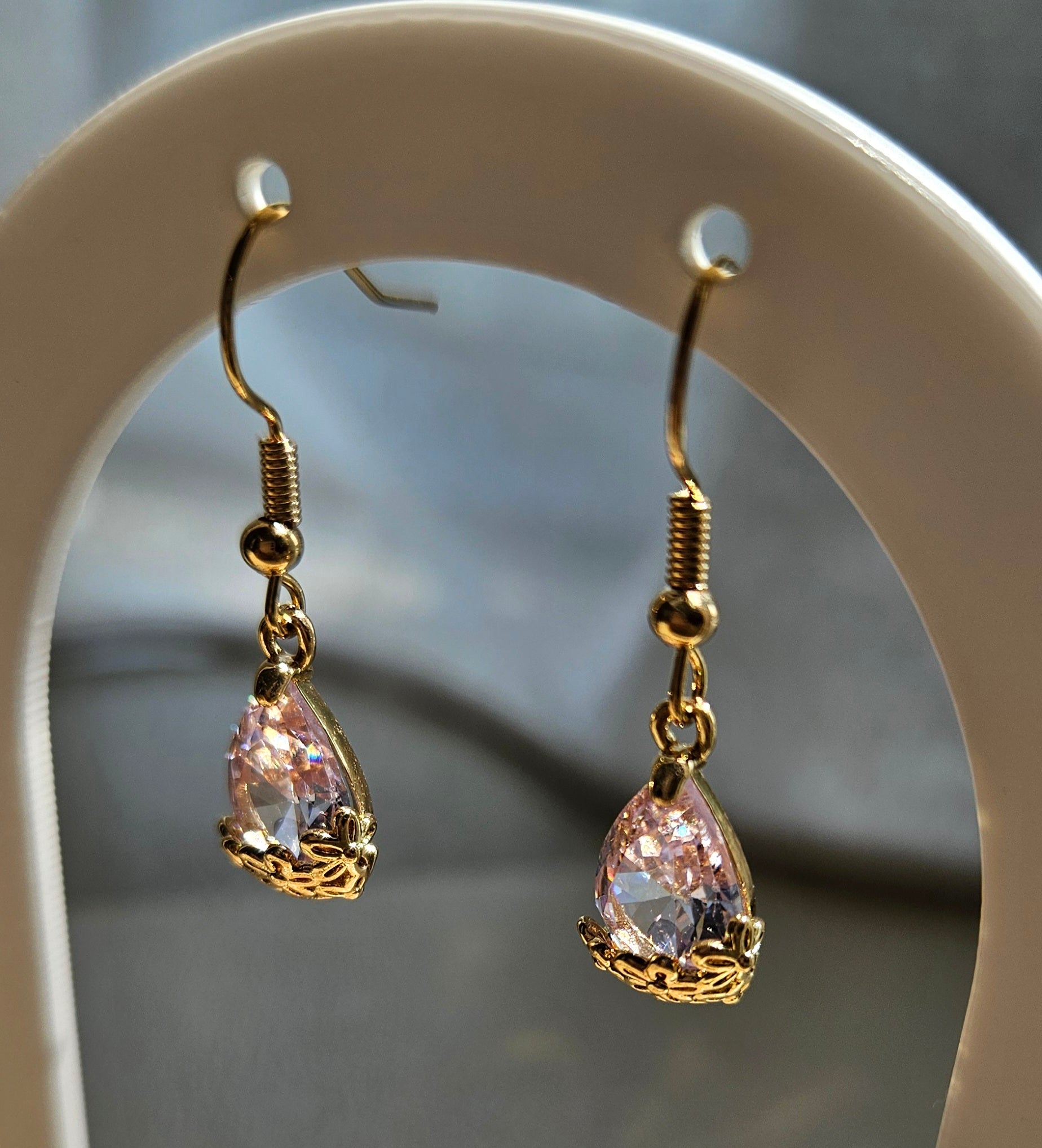 PINK CRYSTAL TEARDROP EARRINGS WITH CUBIC ZIRCONIA
