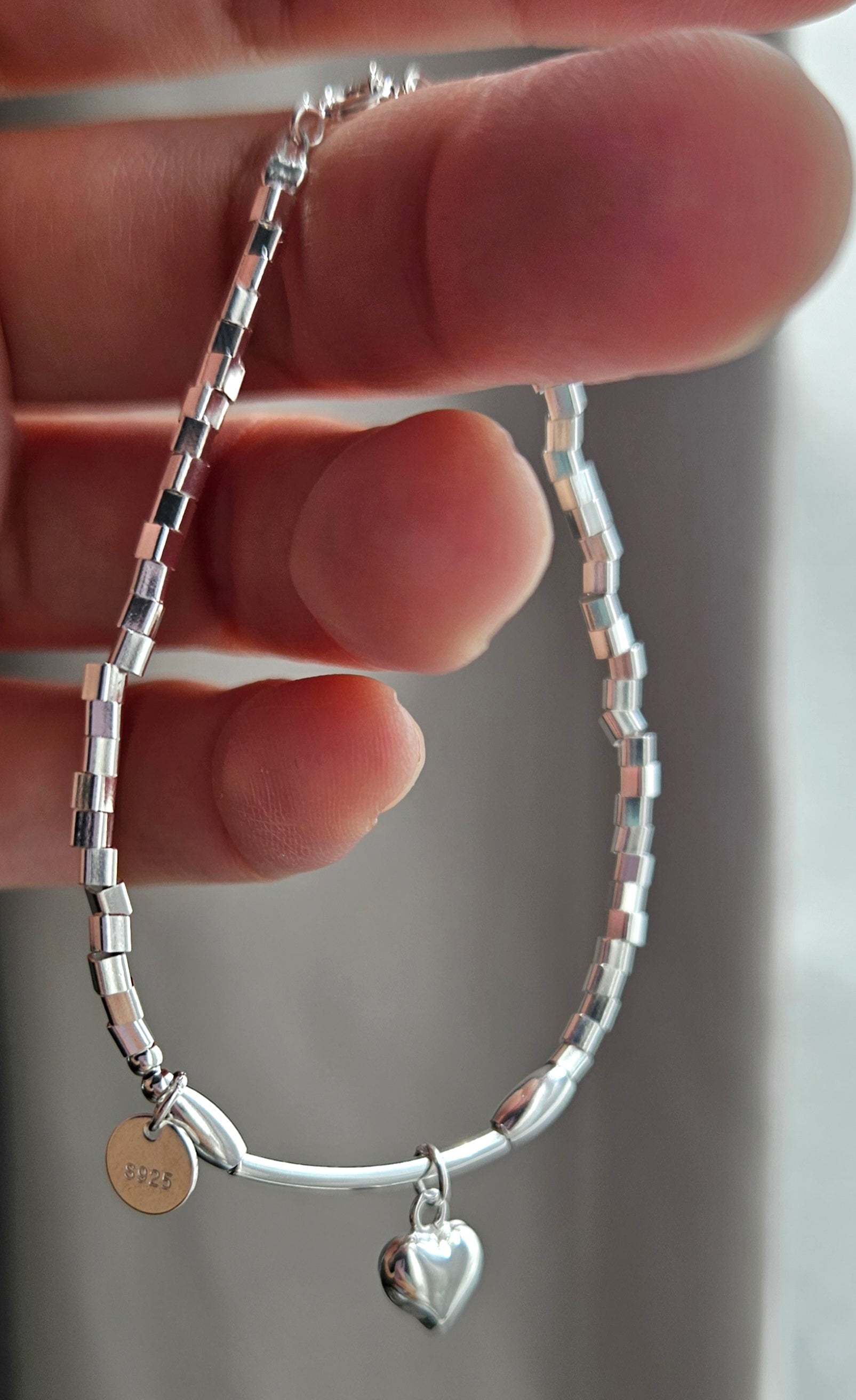 925 STERLING SILVER HEART CHARM SILVER BEADS BRACELET