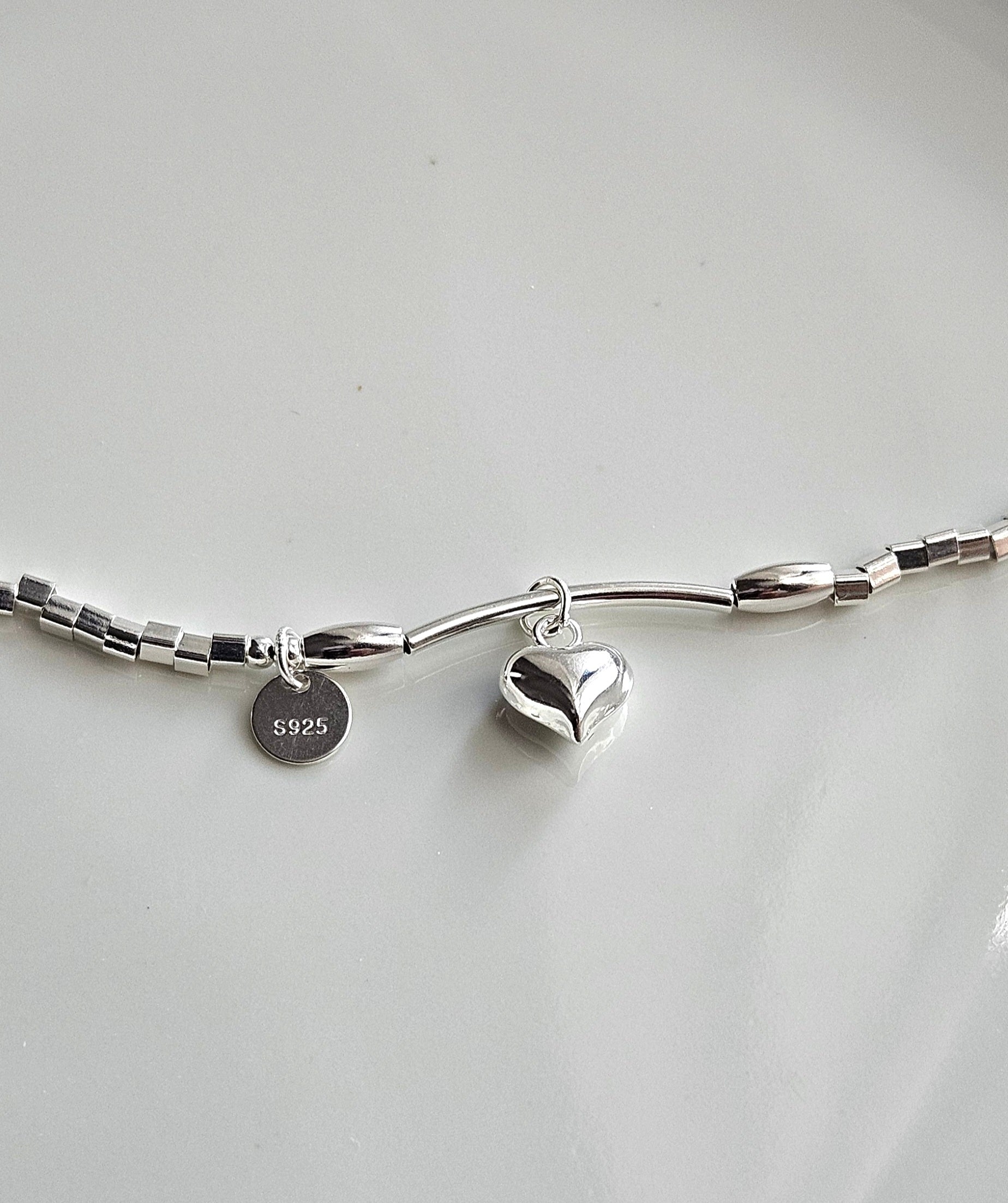 925 STERLING SILVER HEART CHARM SILVER BEADS BRACELET