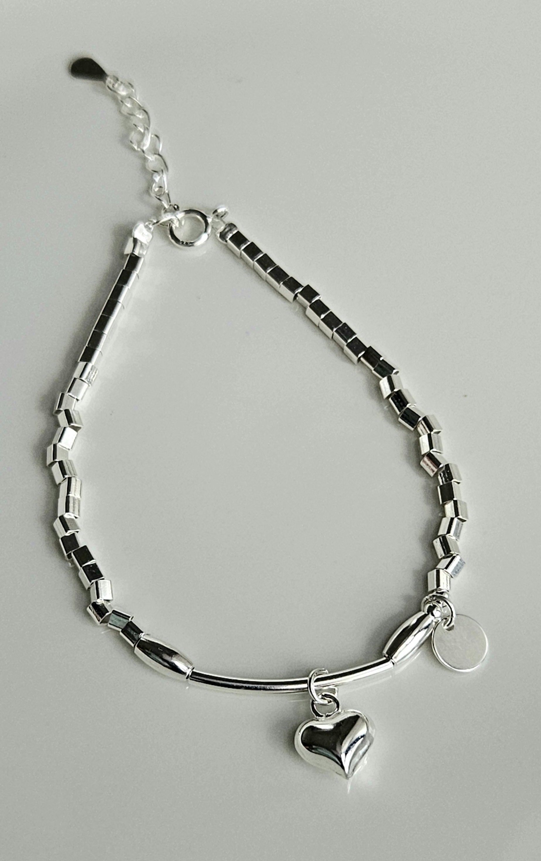 925 STERLING SILVER HEART CHARM SILVER BEADS BRACELET