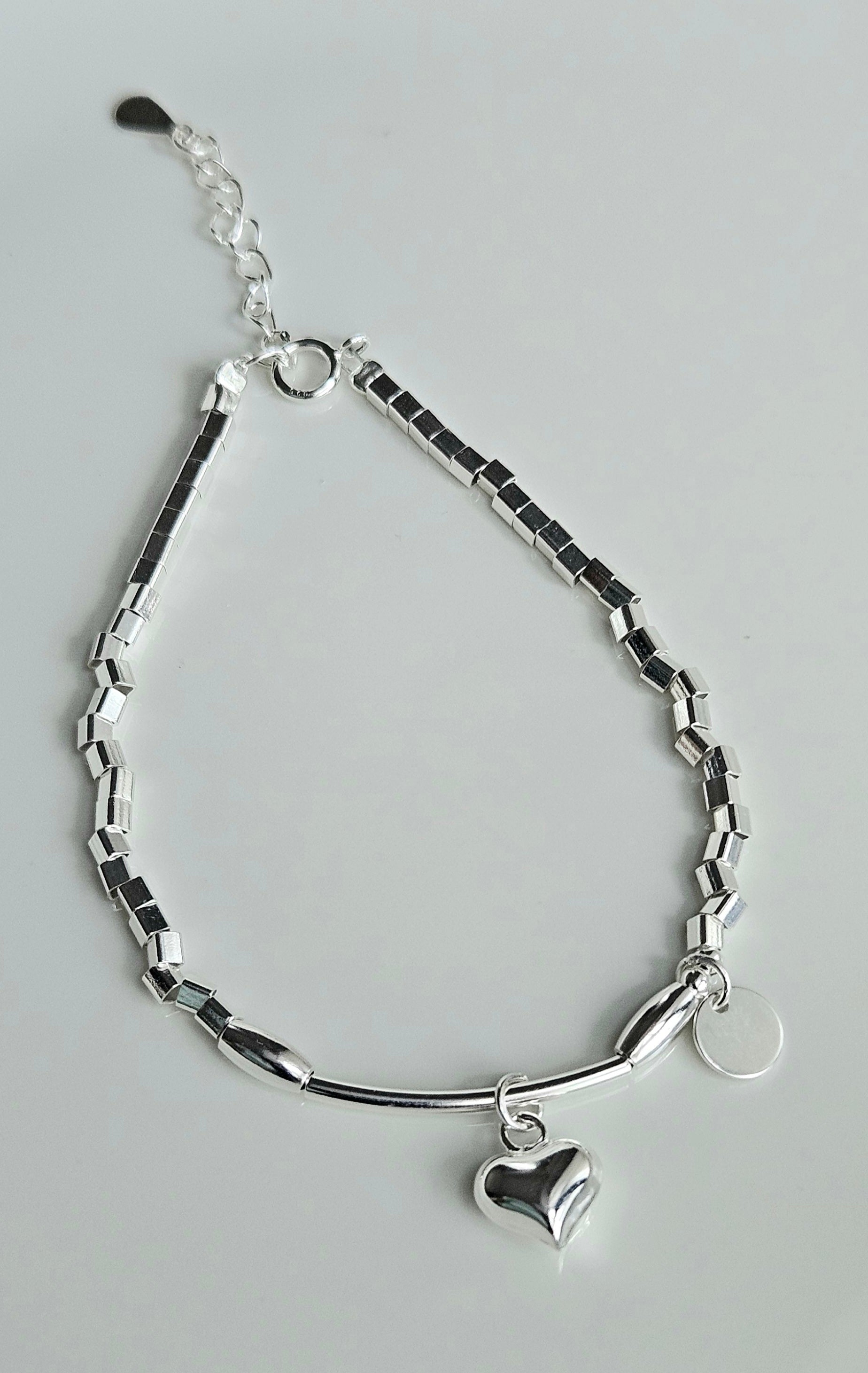 925 STERLING SILVER HEART CHARM SILVER BEADS BRACELET
