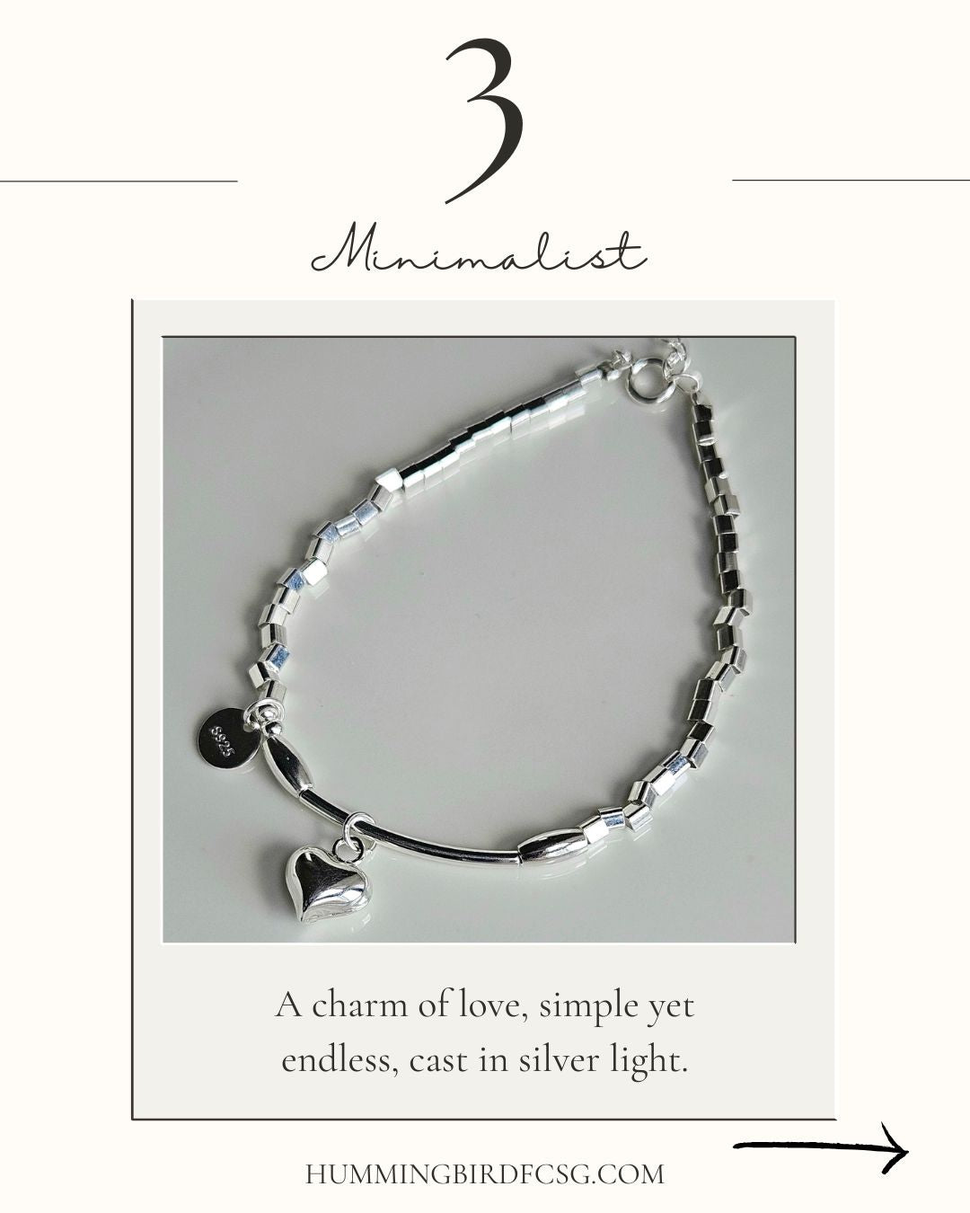 925 STERLING SILVER HEART CHARM SILVER BEADS BRACELET