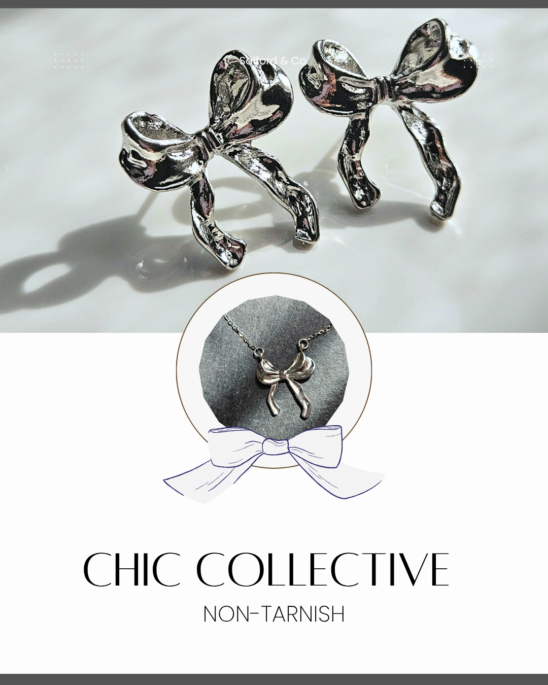 STAINLESS STEEL SILVER BOW EARRINGS AND NECKLACE SET