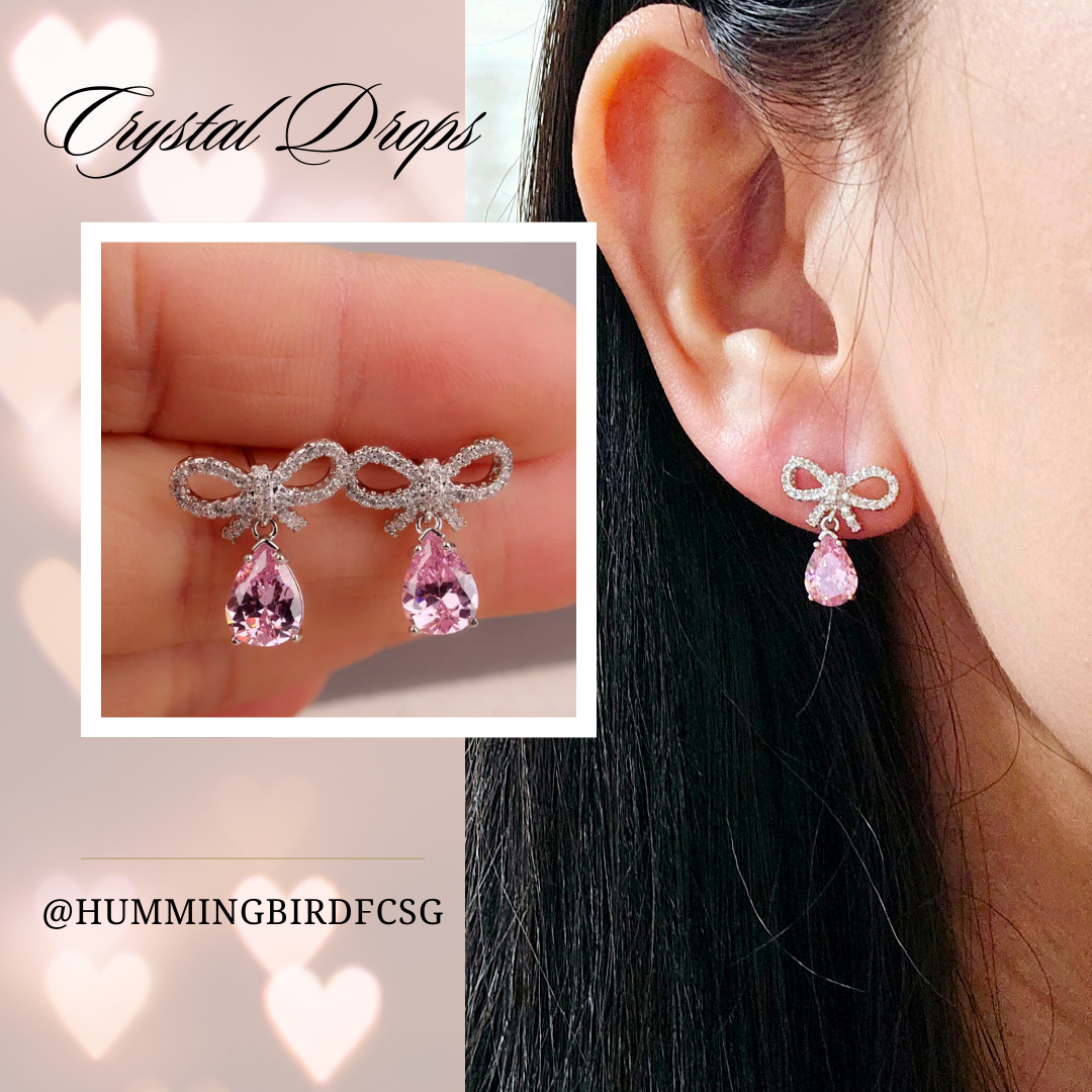 PINK CRYSTAL DROP EARRINGS OF CUBIC ZIRCONIA & 925 SILVER NEEDLE