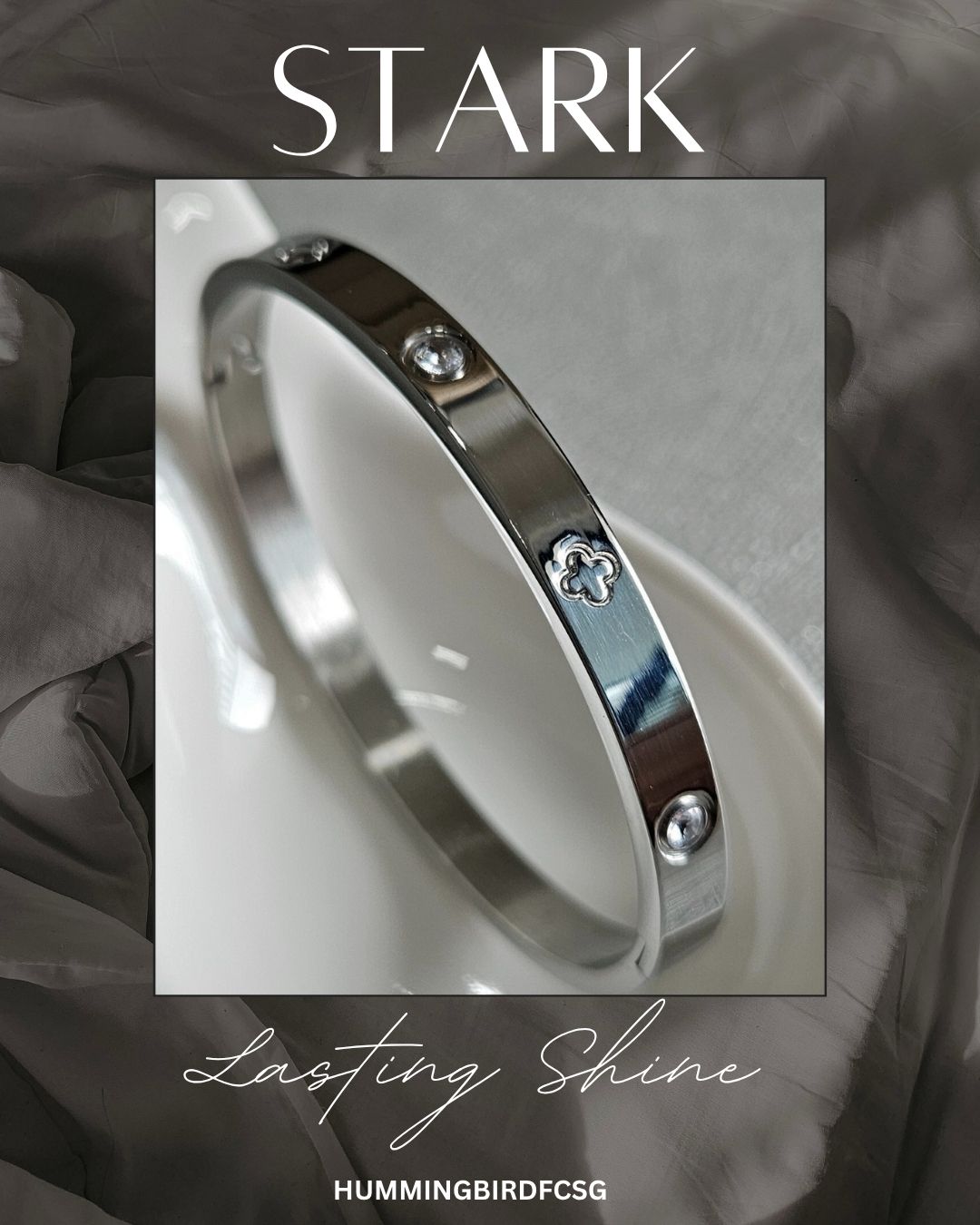 STAINLESS STEEL SILVER CLOVER BANGLE WITH RHINESTONES