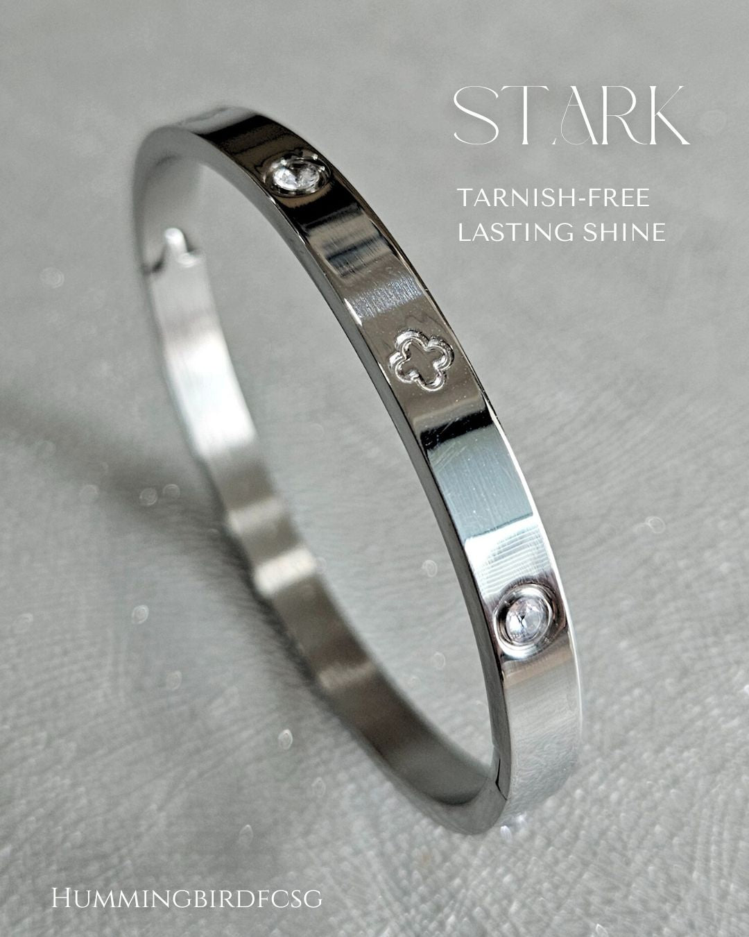 STAINLESS STEEL SILVER CLOVER BANGLE WITH RHINESTONES