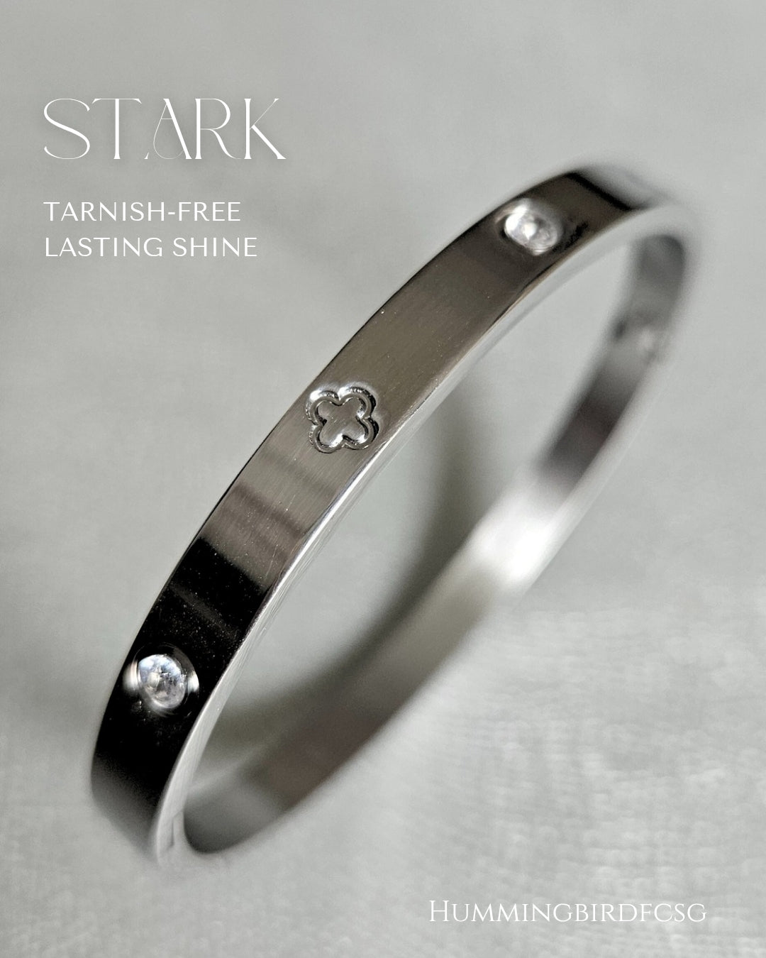 STAINLESS STEEL SILVER CLOVER BANGLE WITH RHINESTONES