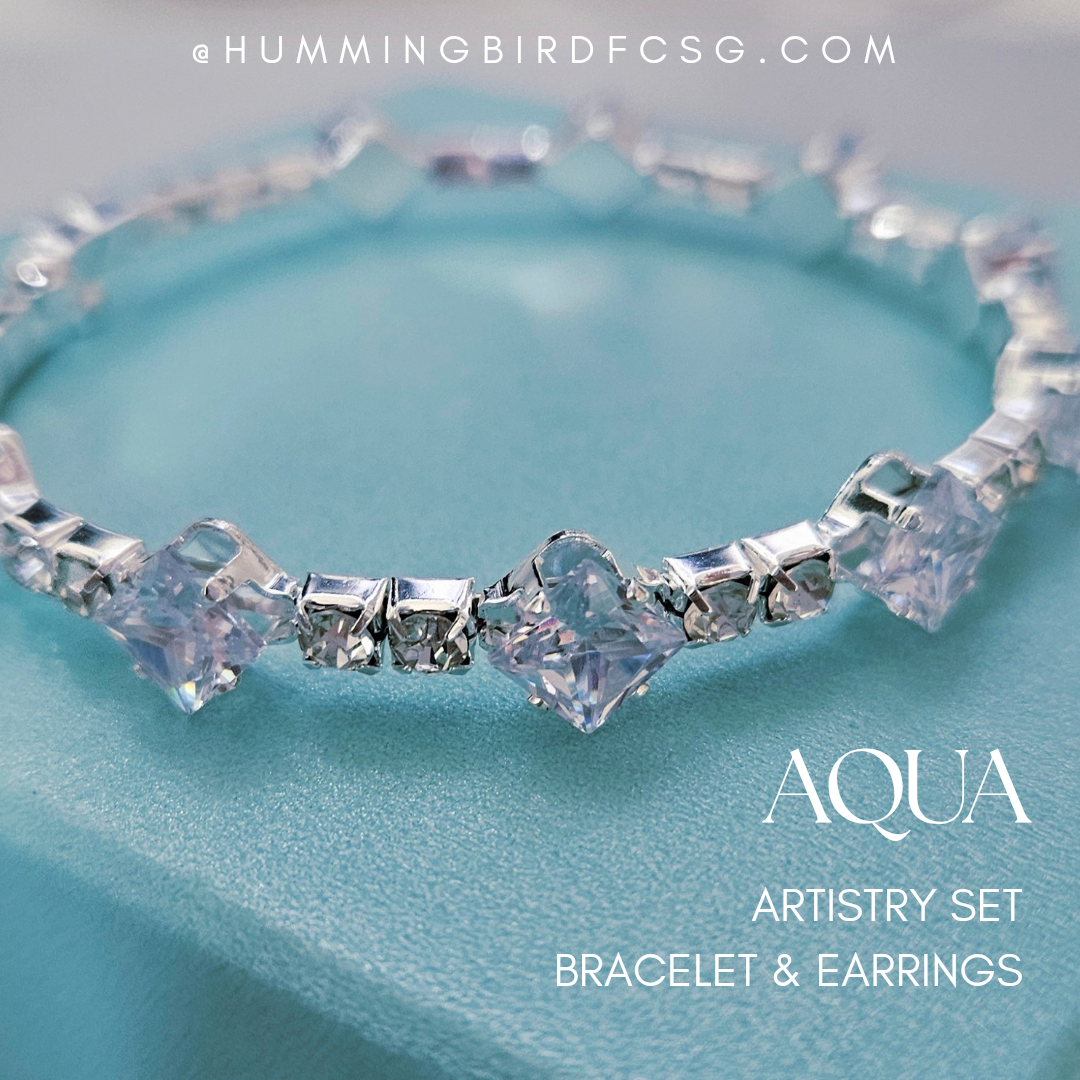 AQUA CUBIC ZIRCONIA EARRINGS AND RHINESTONE BRACELET SET
