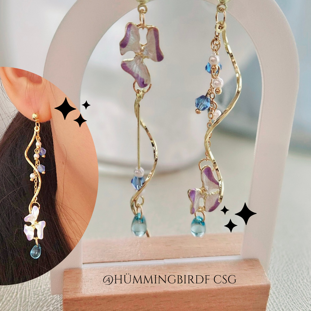 HAND-MADE VIOLET-BLUE FLORAL TASSEL EARRINGS